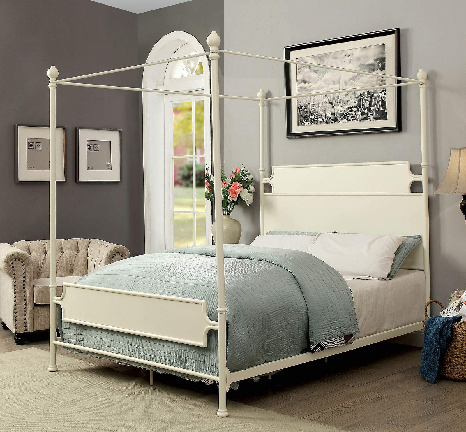 Benjara Classy Metal California King Bed with Canopy, White