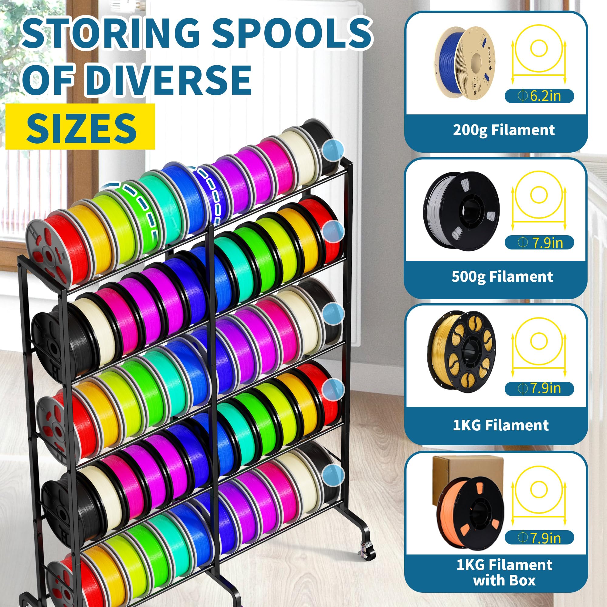 4-stöckiges 3D-Drucker-Filament-Aufbewahrungsregal, robustes Metall-Filamentregal mit Rädern und verstellbaren Fußpolstern und Spulenorganisierter Halter für 3D-Druckerzubehör, hält bis zu 50