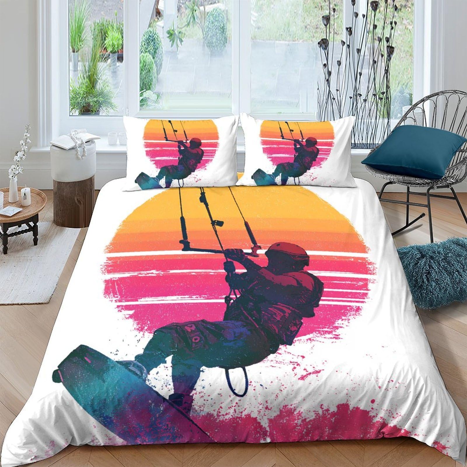 Ctjqhvkz Style-1 3D Printed Kitesurfing Sunset Fitted Sheet Microfiber Soft Anti-Slip Ocean Sports Mattress Cover Bedroom Decor Single（135X200cm）