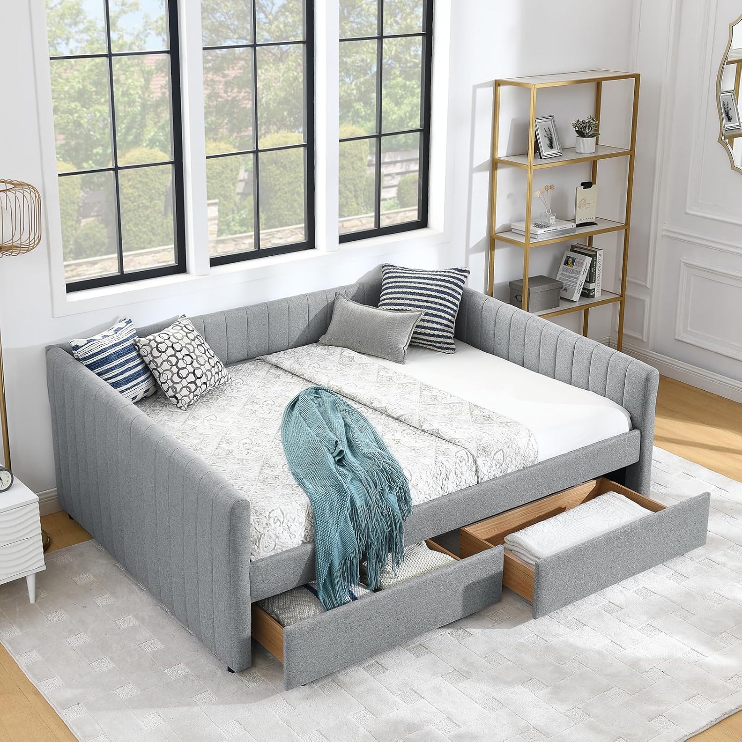 JEEOHEY Daybed with Storage Drawers,Linen Fabric Queen Size