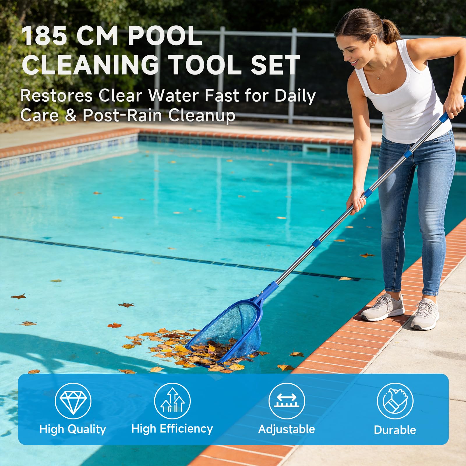 Pool Kescher Teichkescher 185cm Teleskopstange, Pool Reinigung Set mit Skimmer Reinigungsbürste Handtuch, Kescher Teich Zubehör für Schwimmbad Teich Planschbecken Aquarium