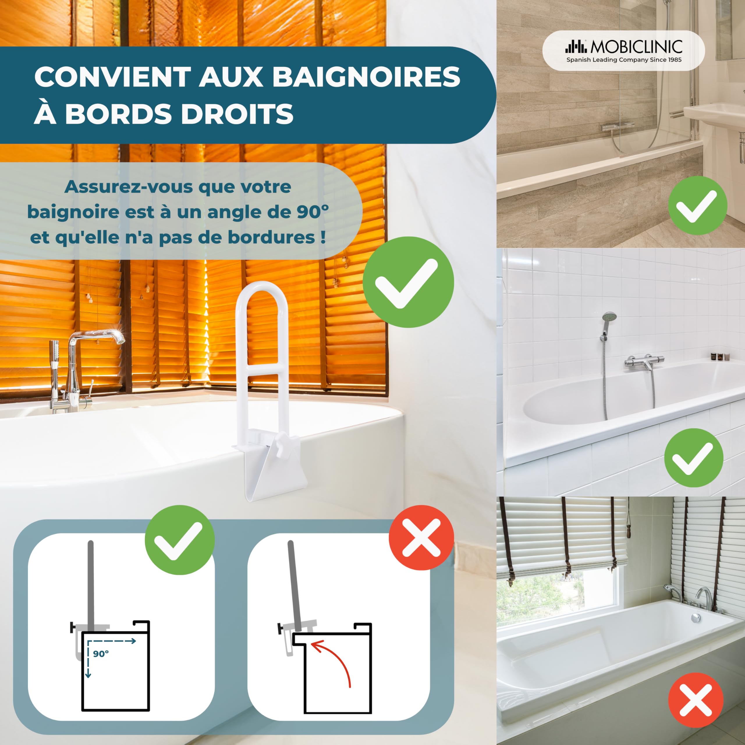 Mobiclinic®, Barre d'Appui Baignoire, Baignoires à Bords Lisses (4,5-13,5 cm), Poignée Ergonomique, Max. 100 kg, Usage Clinique et Domestique, Sûr et Fonctionnel, Mobibary