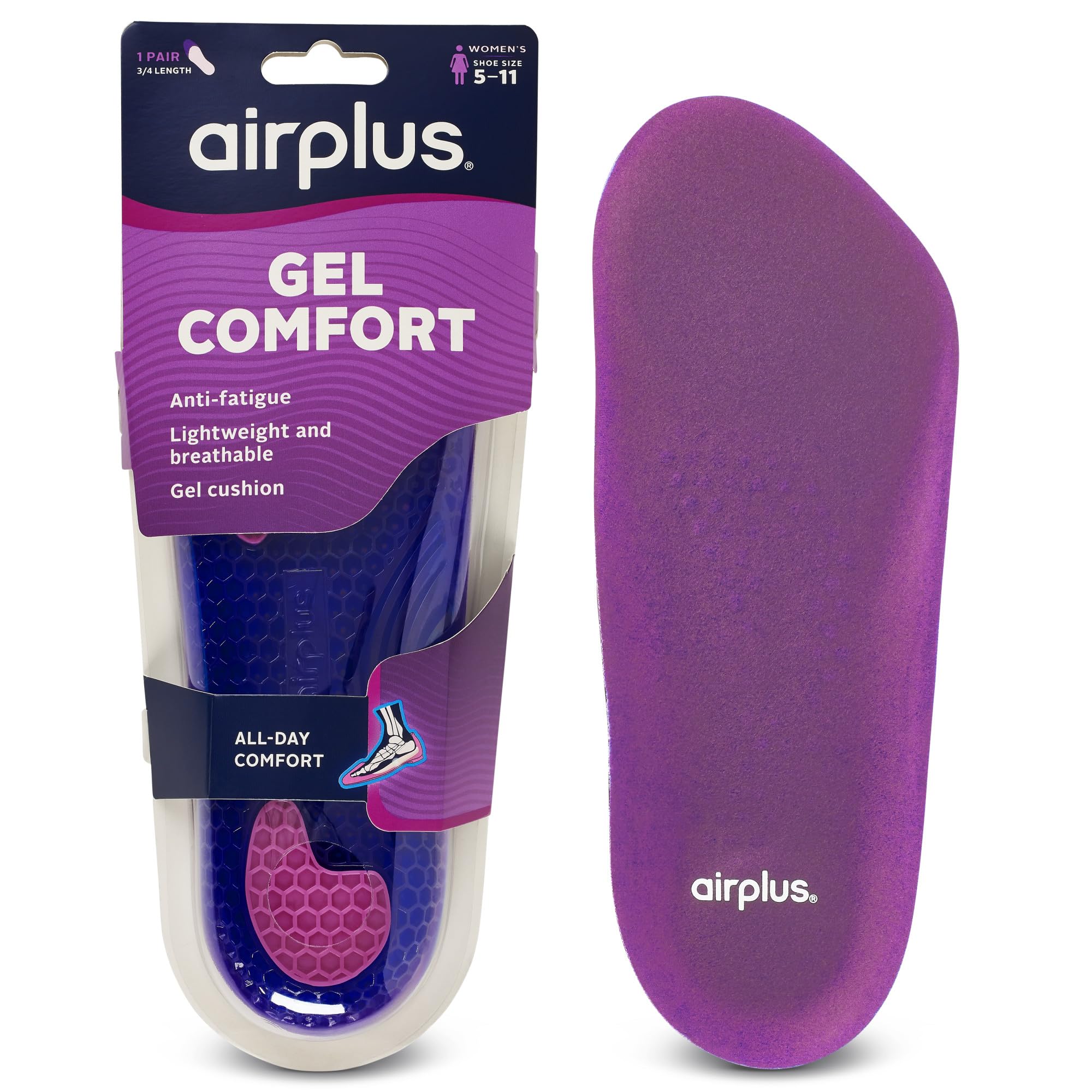Airplus Gel Orthotics 3/4 Length for Men and Women, Designed to Fit in Any Shoe, Supports Your Heel, Arch, and Ball of Foot, Pink, W 5-11
