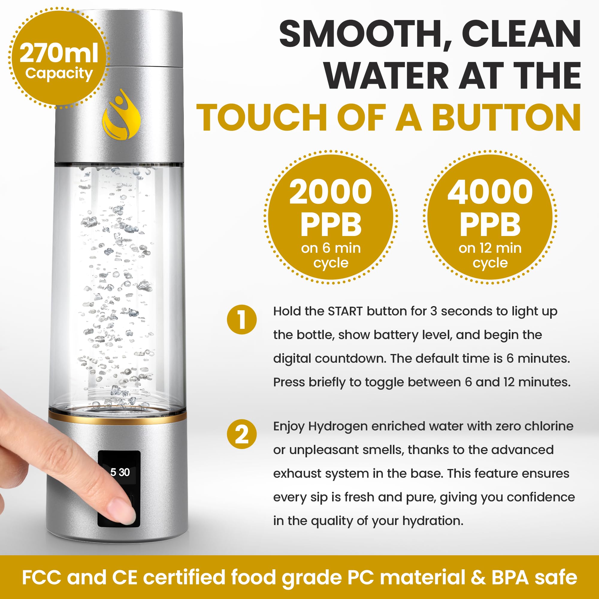 Generador de botellas de agua de hidrógeno - 4000+ ppb Máquina de agua alcalina de hidrógeno con tecnología 2025 SPE/PEM - Ionizador de 270 ml para el hogar, la oficina y los viajes