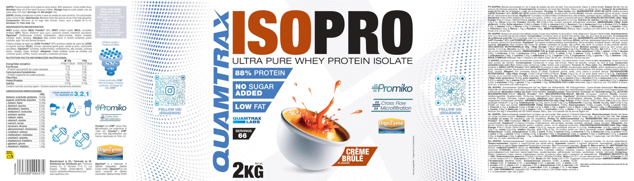 Quamtrax Nutrition - Isopro CFM (Aislado de Proteínas de Suero de Leche) - 2 kg - Sabor Crème Brûlée - Alto contenido proteico, rápida absorción y bajo en grasas