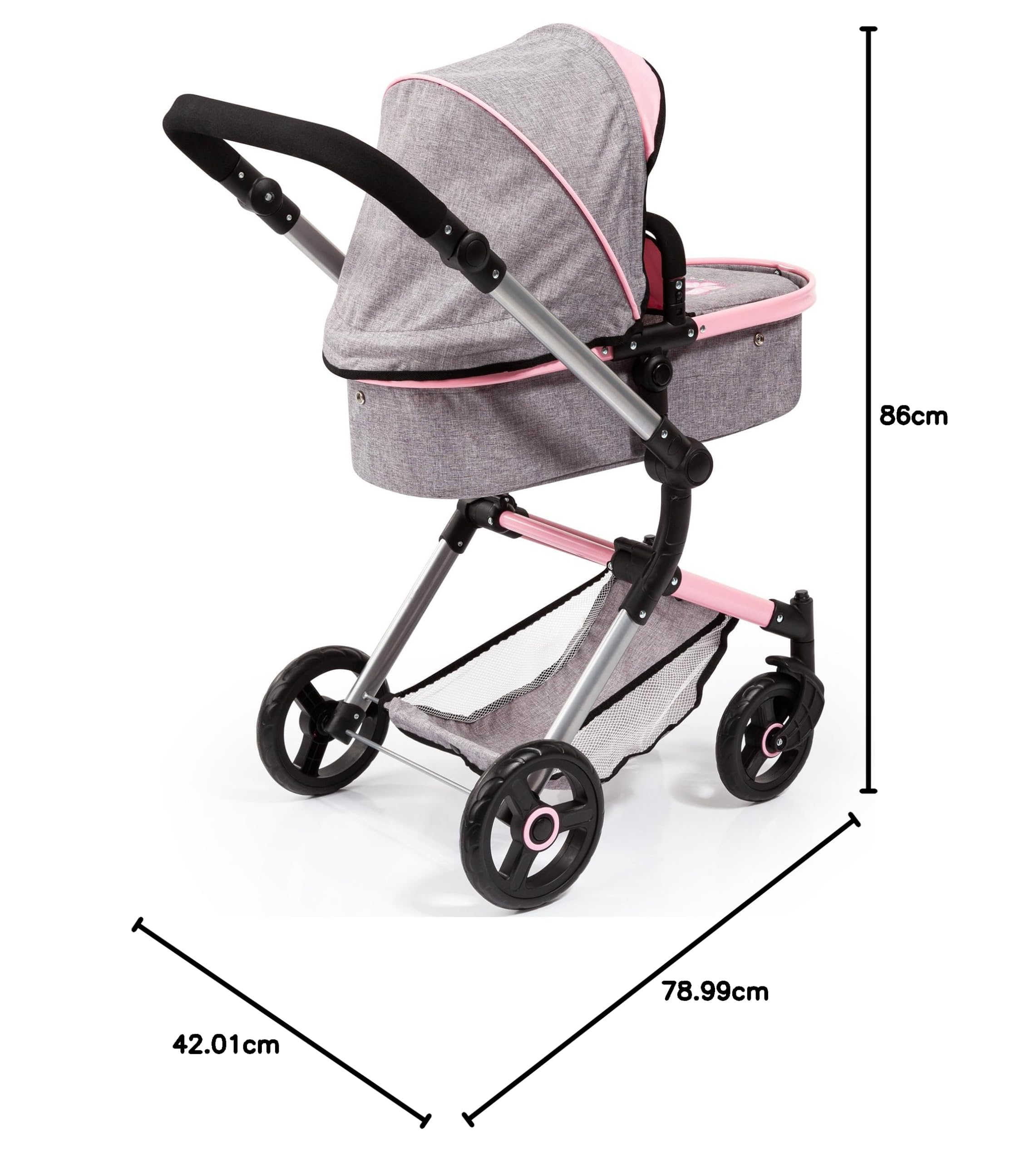 Bayer Design- Passeggino Neo Vario, Carrozzina per Bambole, Regolabile in Altezza, con Cesto e Borsa fasciatoio, Colore Grigio, Rosa, Farfalla, 18433AA