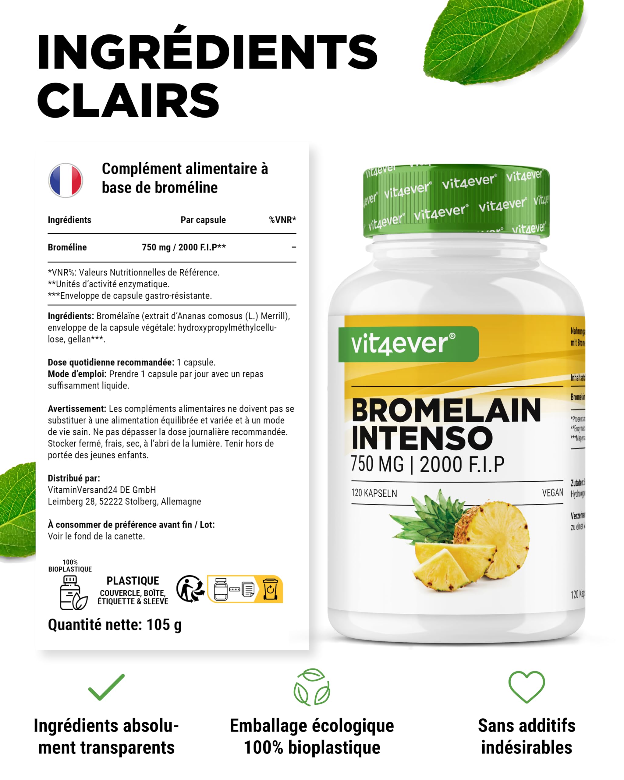Bromélaïne Intenso - 750 mg (2000 F.I.P) - 120 Gélules Gastro-Résistantes - Extrait Naturel d'Ananas - Hautement Dosé