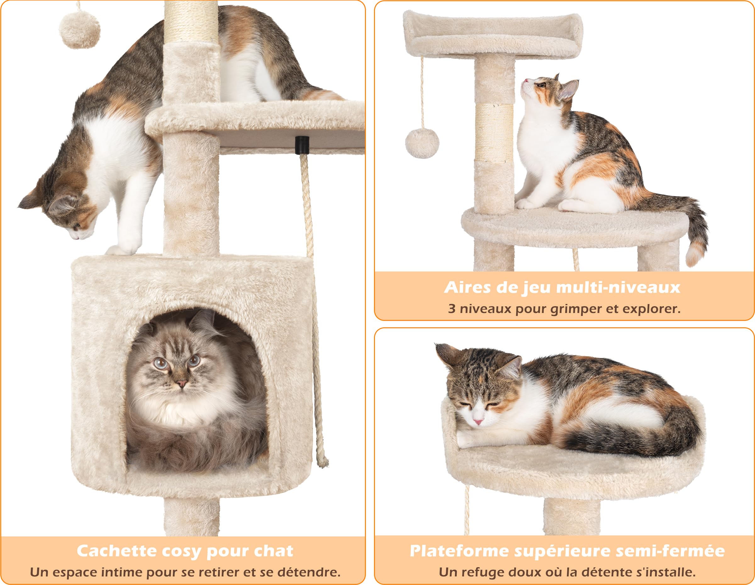 Arbre à Chat,112cm Tour de Jeux Stable pour Chat,Arbre à Grimper Multi-Niveaux avec 4 Poteaux en Sisal, 3 Plateformes, 1 Nid Douillet Chaton-Beige