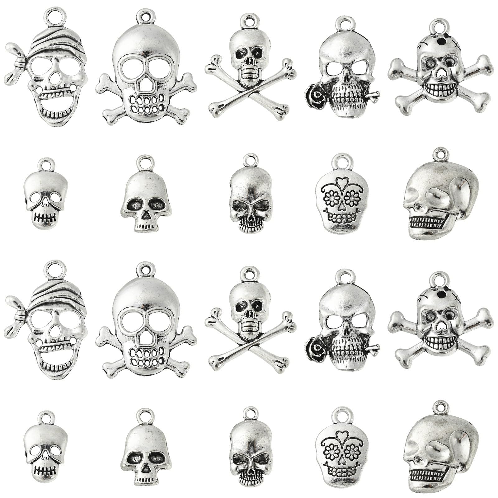 Stiesy 100Pcs 10 Style Tibetan Skull Charms Antique Silver Skeleton Bone Charm Bulk Vintage Halloween Skull Head Dangle for Bracelet Jewellery Making DIY Crafts Necklace