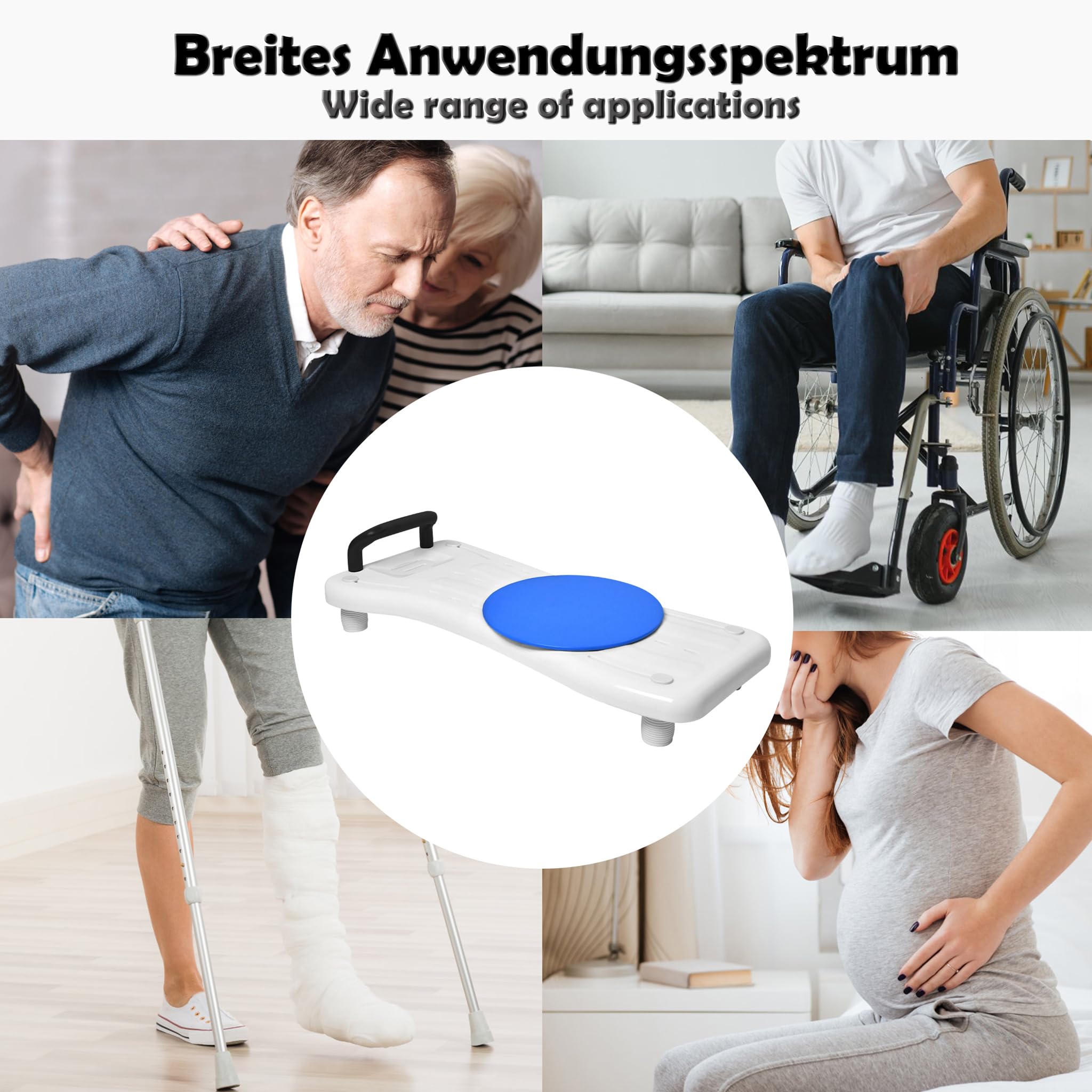 ACXIN Badewannenbrett Senioren mit Seifenablage und Schwarz Griff, Badewannensitz Sitzbrett für Badewanne, 41-63cm Einstellbar Duschbretter mit Drehscheibe, bis zu 150 kg Belastbarkeit