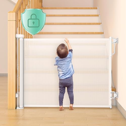 Momcozy Puerta retráctil para bebés con bloqueo automático, puerta de seguridad para bebés y mascotas, 33 pulgadas de alto, se extiende hasta 55