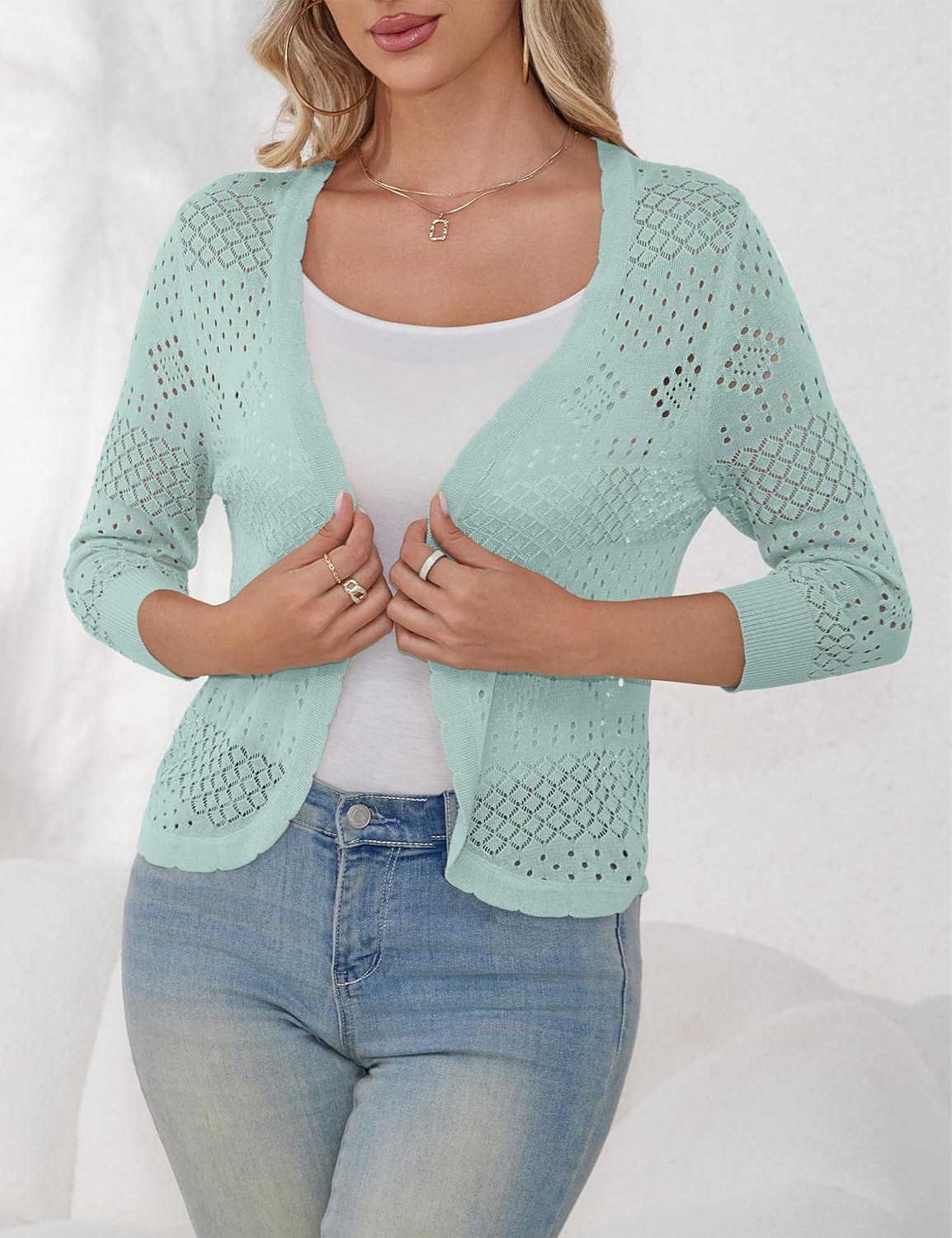 REDHOTYPE Women's 3/4 Sleeve Cardigan Open Front Cropped Shrugs Summer Hollowed Lightweight Cardigans Sweater (S-XL) - Image 2