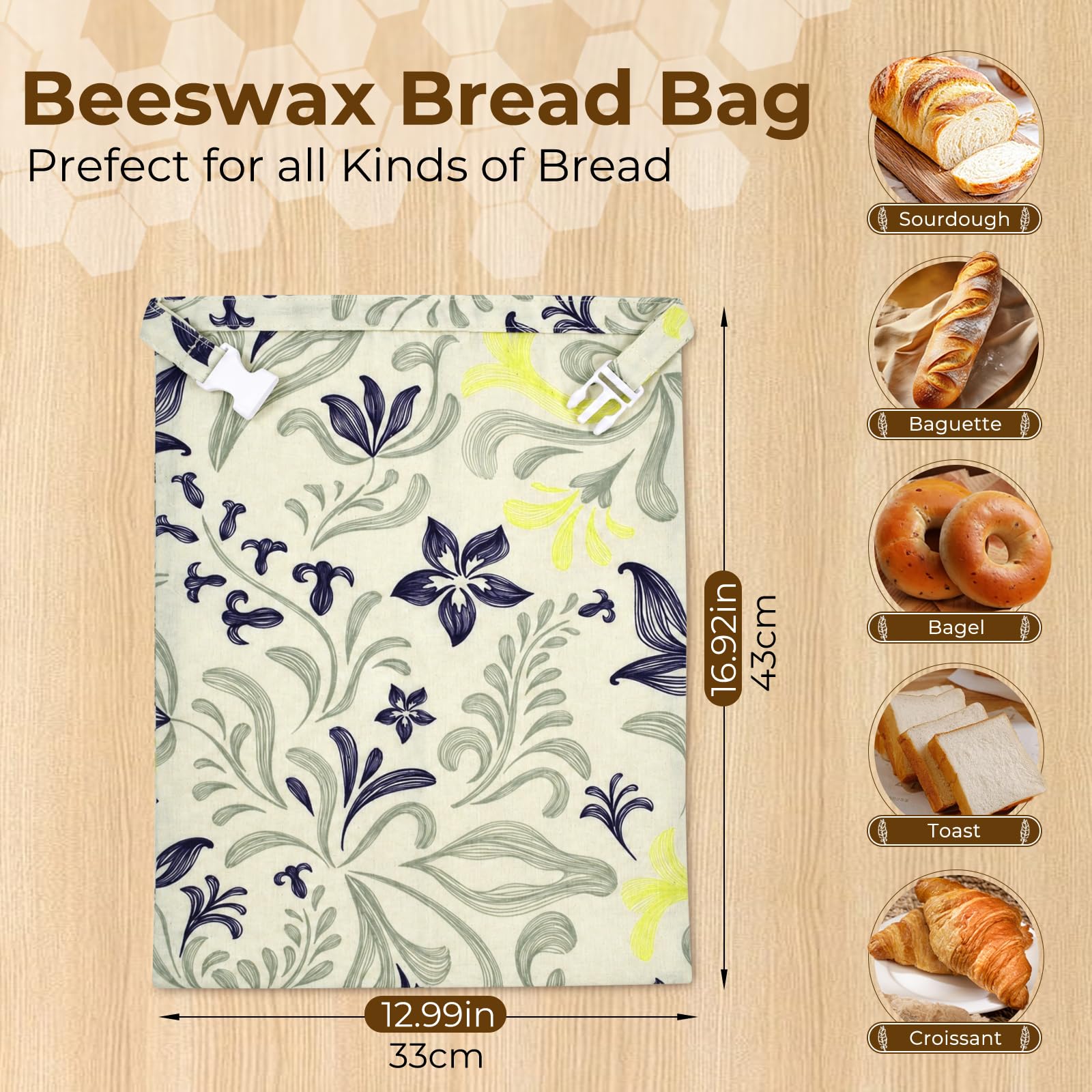 Sacchetti per il pane di cera d'api, 43×33 cm sacchetti di cotone rivestiti in cera d'api naturale, Borsa in cotone per conservare pane fatto in casa e prodotti da forno (confezione da 2) (Stile 4)