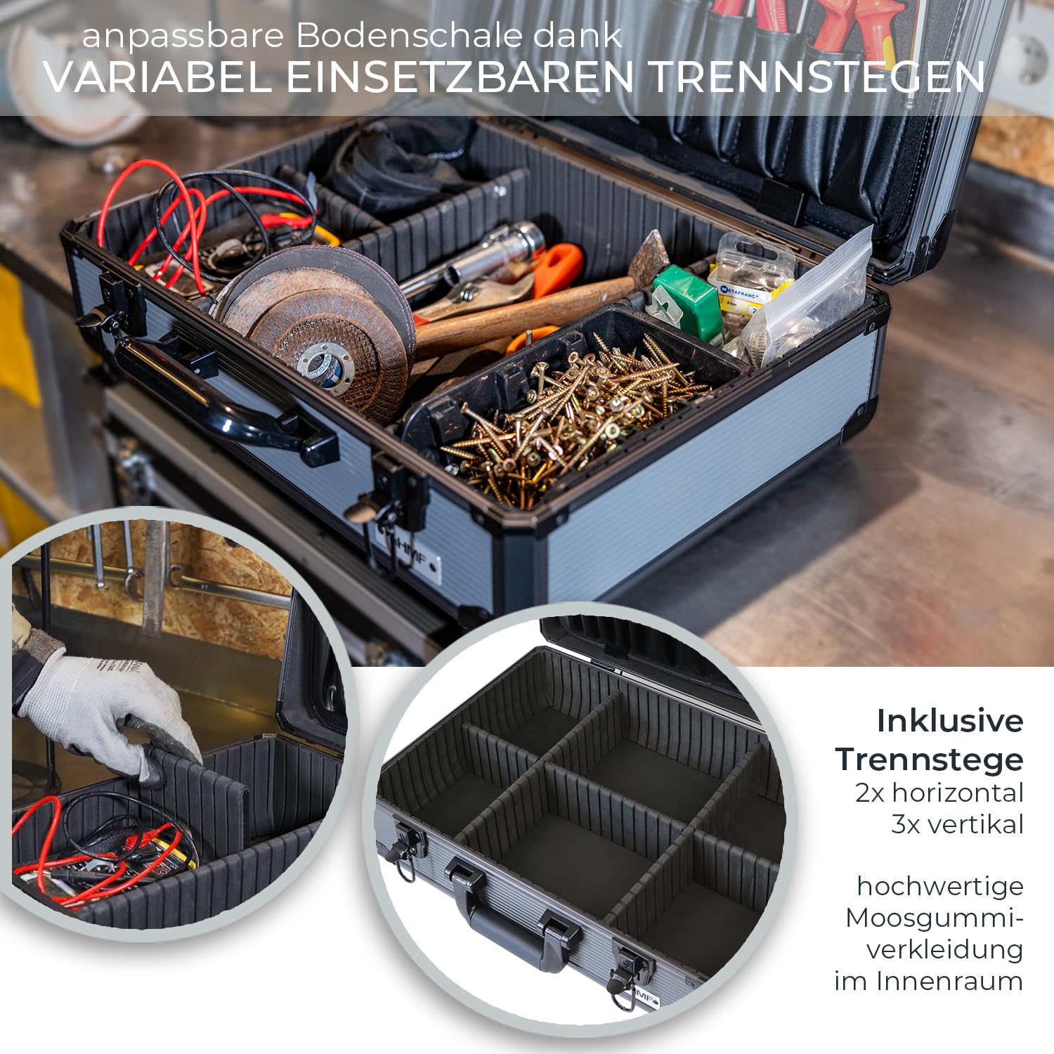 HMF Alu Werkzeugkoffer leer mit 17 Einsteckfächern für Werkzeug, große Werkzeugkiste mit verstellbarer Facheinteilung | 46 x 33 x 15 cm | Anthrazit-Schwarz