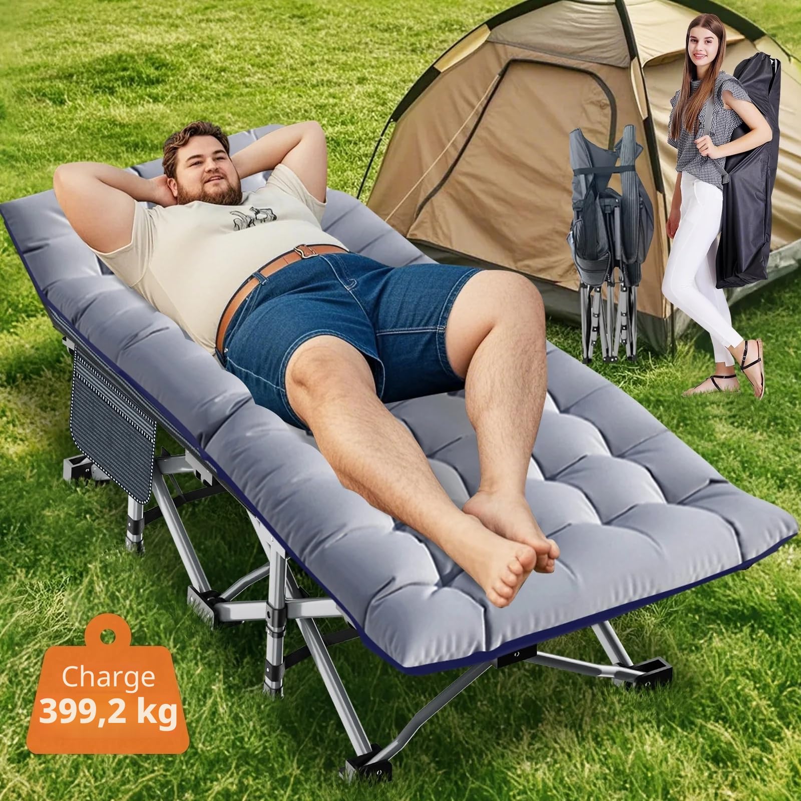 Lit de camping pliable avec matelas et poches latérales, capacité de charge 200KG, lit pliant pour invités, cadre en acier et toile Oxford, lit de camp pliable, 190 x 71 x 36 cm, convient pour