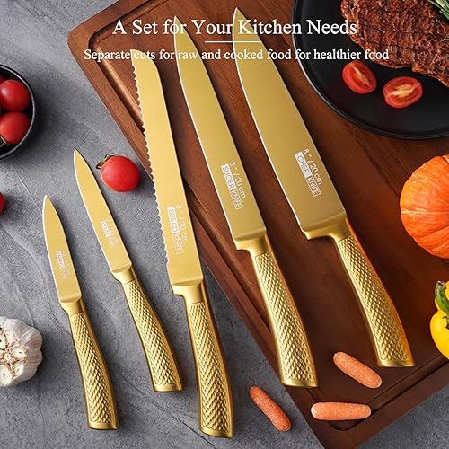 Miniatura 5 de Juego de cuchillos de cocina dorados, 8 piezas con revestimiento de titanio, aptos para lavavajillas, juego de cuchillos dorados de madera con