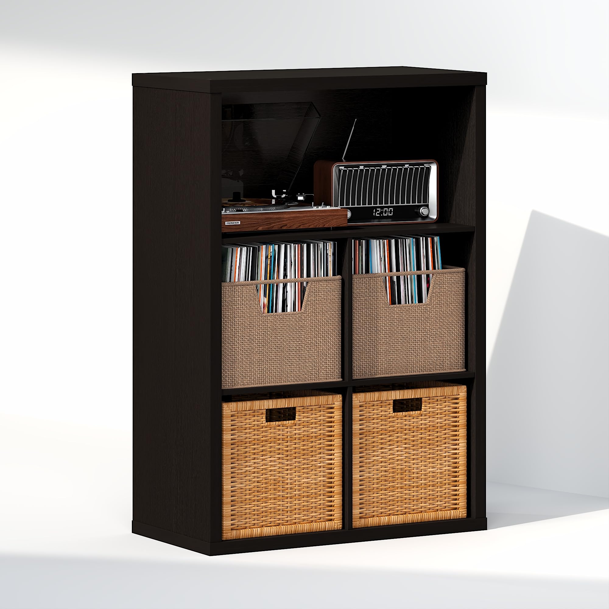 Furinno CUBICLE Mobile per Giradischi con Raccoglitore per Vinili, 5-Cube 1.2 Extra Spesso Raccoglitore per Dischi in Vinile, Scaffale Multimediale per CD DVD Dischi, Rovere Scuro Nero
