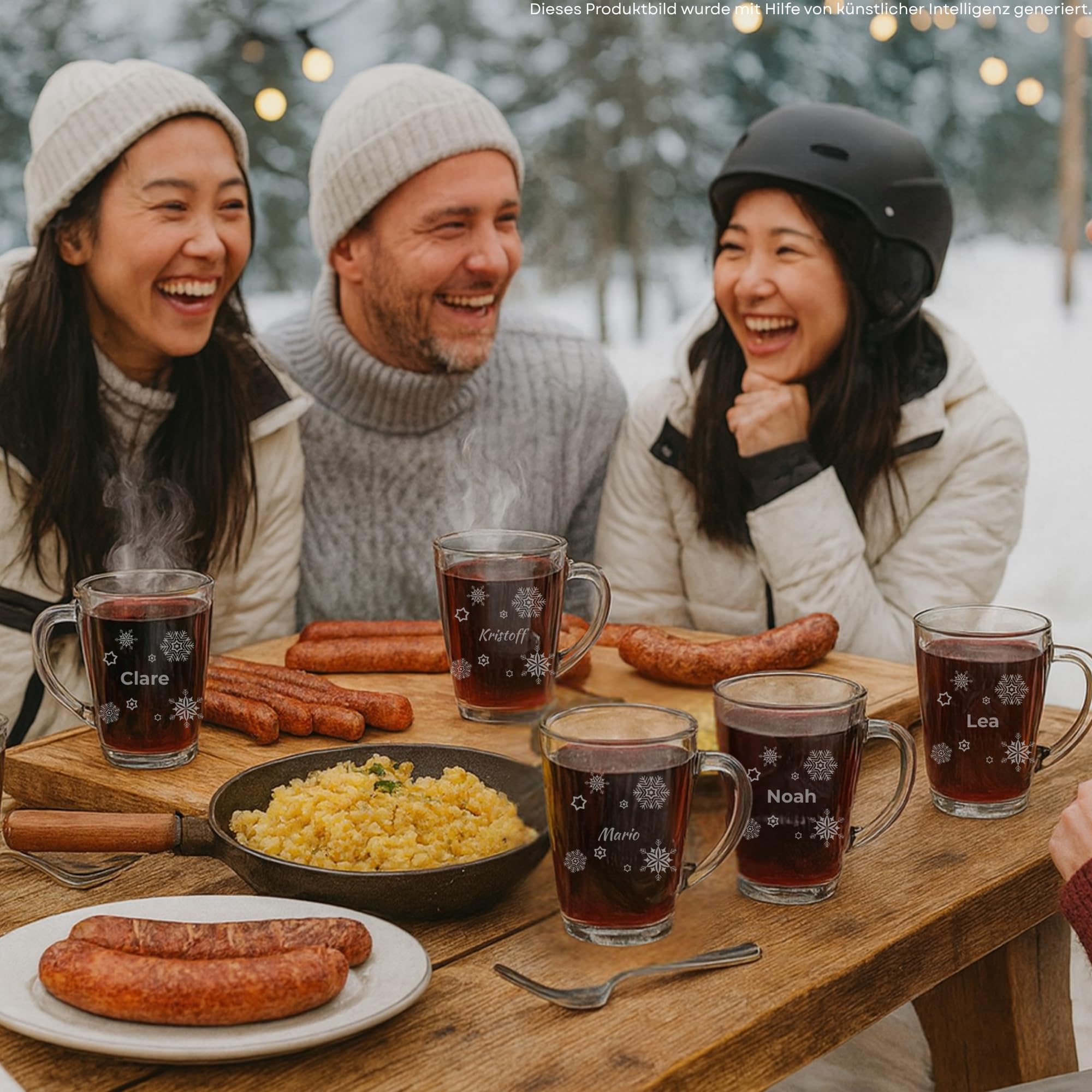 Glasbecher mit Gravur, Schneeflocke, 300 ml, 6 Stück | Personalisierte Glastassen für Kaffee, Tee & Glühwein, Wichtelgeschenkidee, hitzebeständig, Spülmaschinenfest