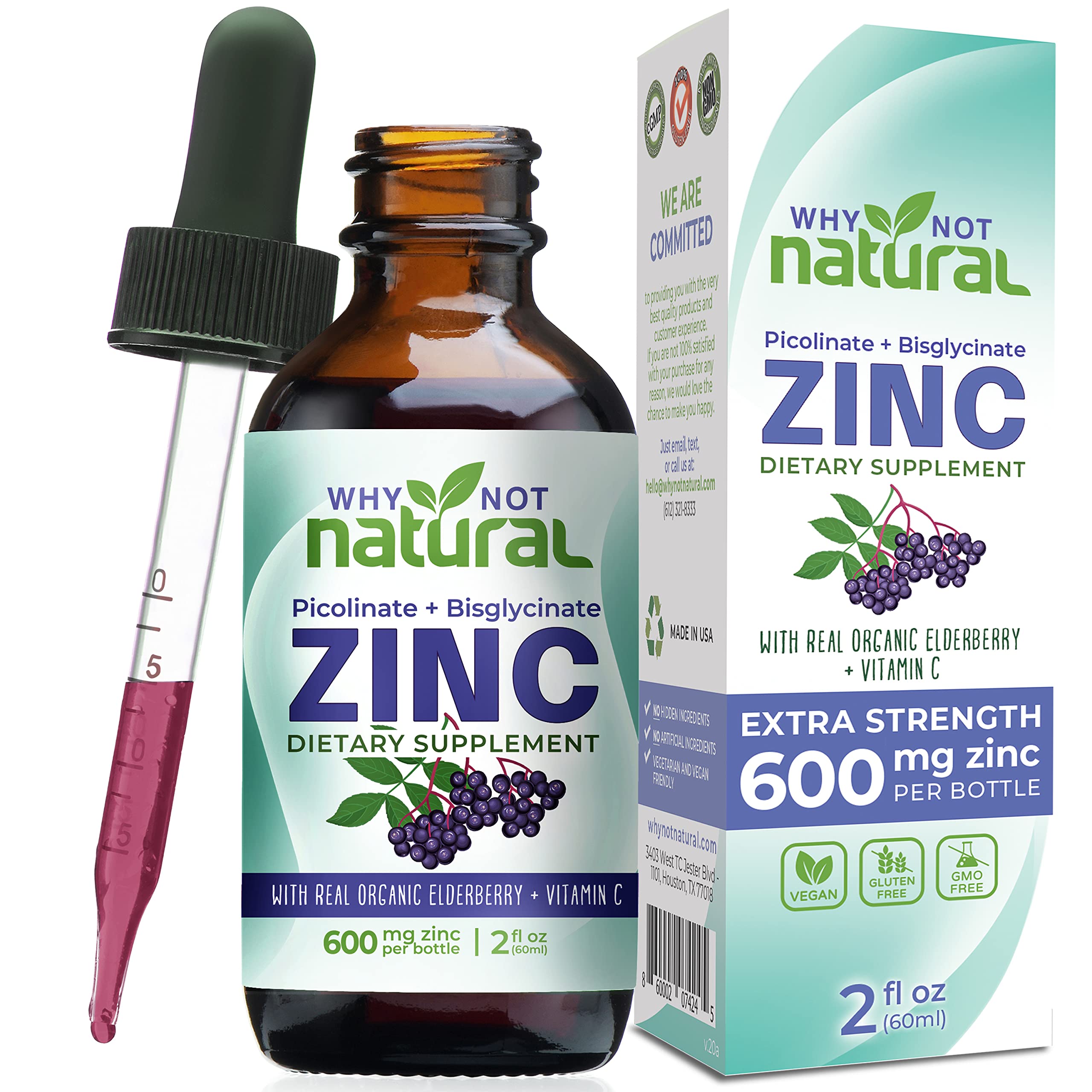 Zinc Picolinate Liquid Drops with Bisglycinate Chelate Plus Sambucus Elderberry and Vitamin C - Vegan Sublingual for Kids and Adults - Immune System, Hormonal, Skin, and Digestive Support