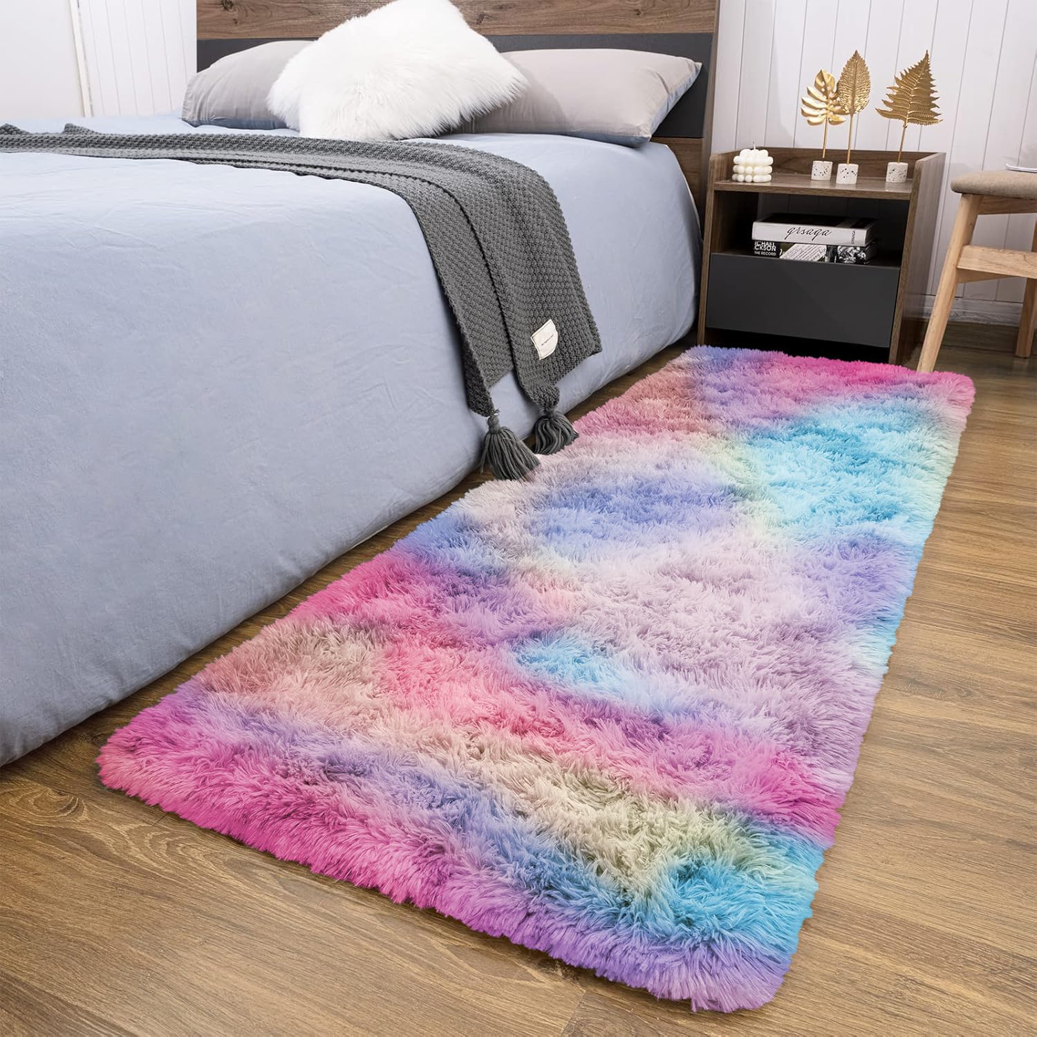 BedLooms Rugs Living Room – Rainbow Area Rugs for Bedroom, Hallway Runner 60x220 cm Anti Slip – Modern Super Soft Plush Carpets Fluffy Shaggy Rug for Lounge – Non Shedding Bedside Rug for Kids Room
