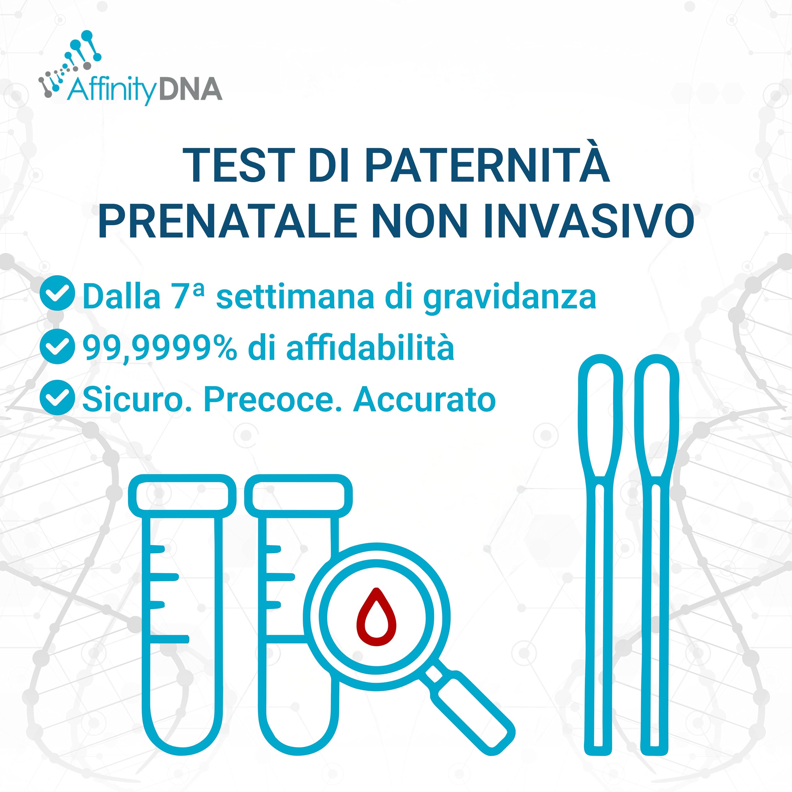 Kit test paternità prenatale non invasivo | Dalla 7a settimana | DNA in gravidanza senza attese | Sangue materno + tamponi buccali per padre | Risultati in 5–7 giorni lavorativi | Servizio discreto