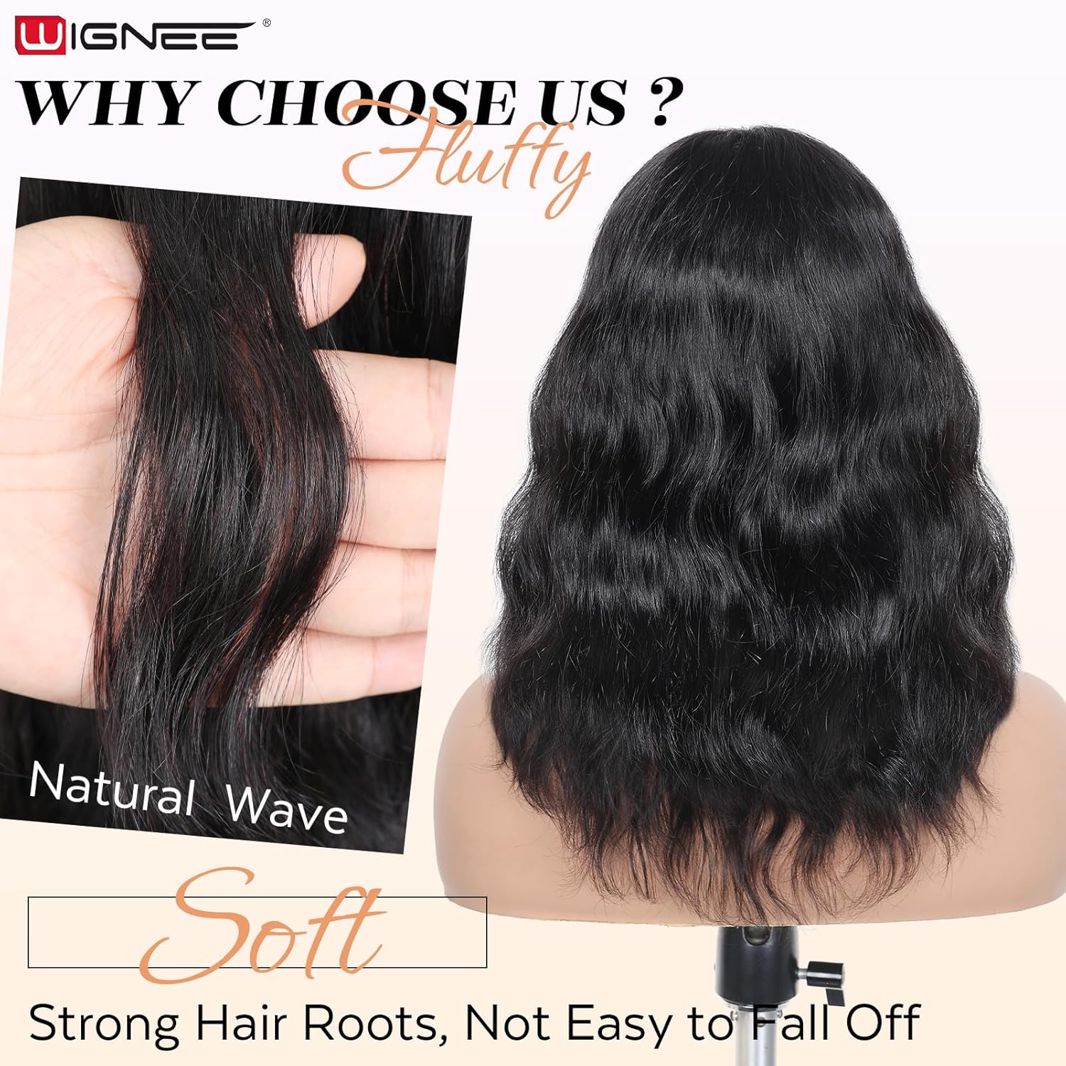 WIGNEE 4x4 Lace Human Hair Wig with Bangs Natural Wave Human Hair Wigs for White Women 12 Inch Glueless Wig With Bangs Human Hair Bang Wig 100% Brazilian Human Hair for Daily Use