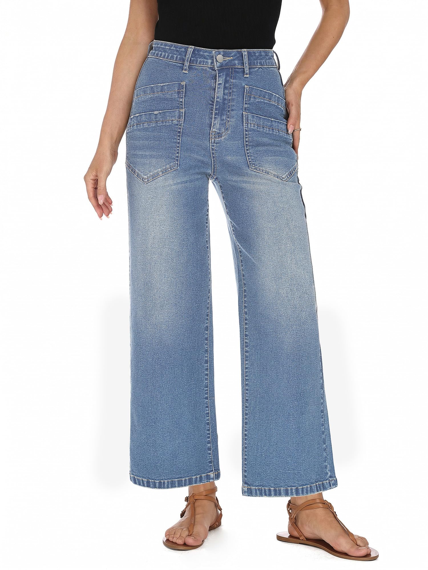 StylSense Baggy Jeans Damen High Waist Weites Bein Stretch Y2K Hosen Damen Wide Leg 7/8 Jeanshose Gerades Bein