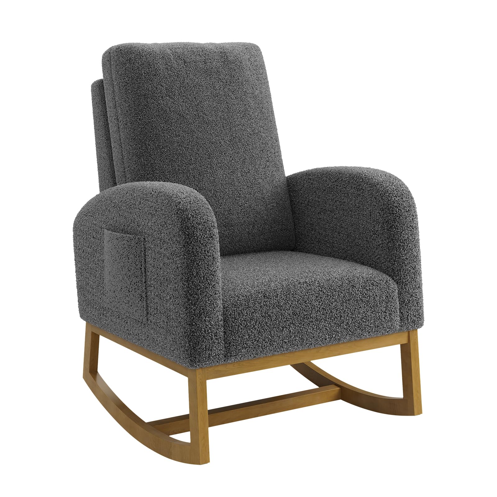 Aptliton Bouclé Baby Rocking Chair, Nursing Chair with Ergonomic High Backrest & Armrests, Soft Bouclé Upholstery with Side Pocket, Wood Legs for Bedrooms,Living Rooms