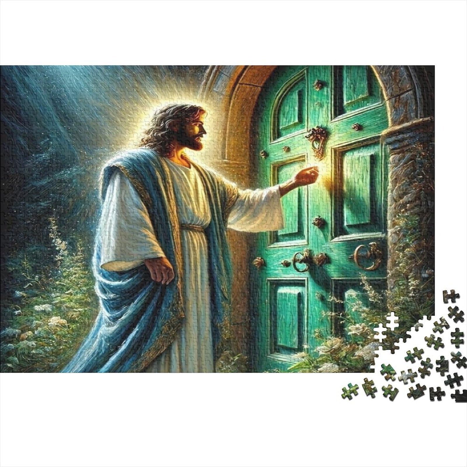 Religious Figure Green Wooden Door 1000 Piece Jigsaw Puzzle for Adults 1000 Pieces Puzzle Game Mindfulness Stress Relief Home Decor 38x26cm/1000pcs