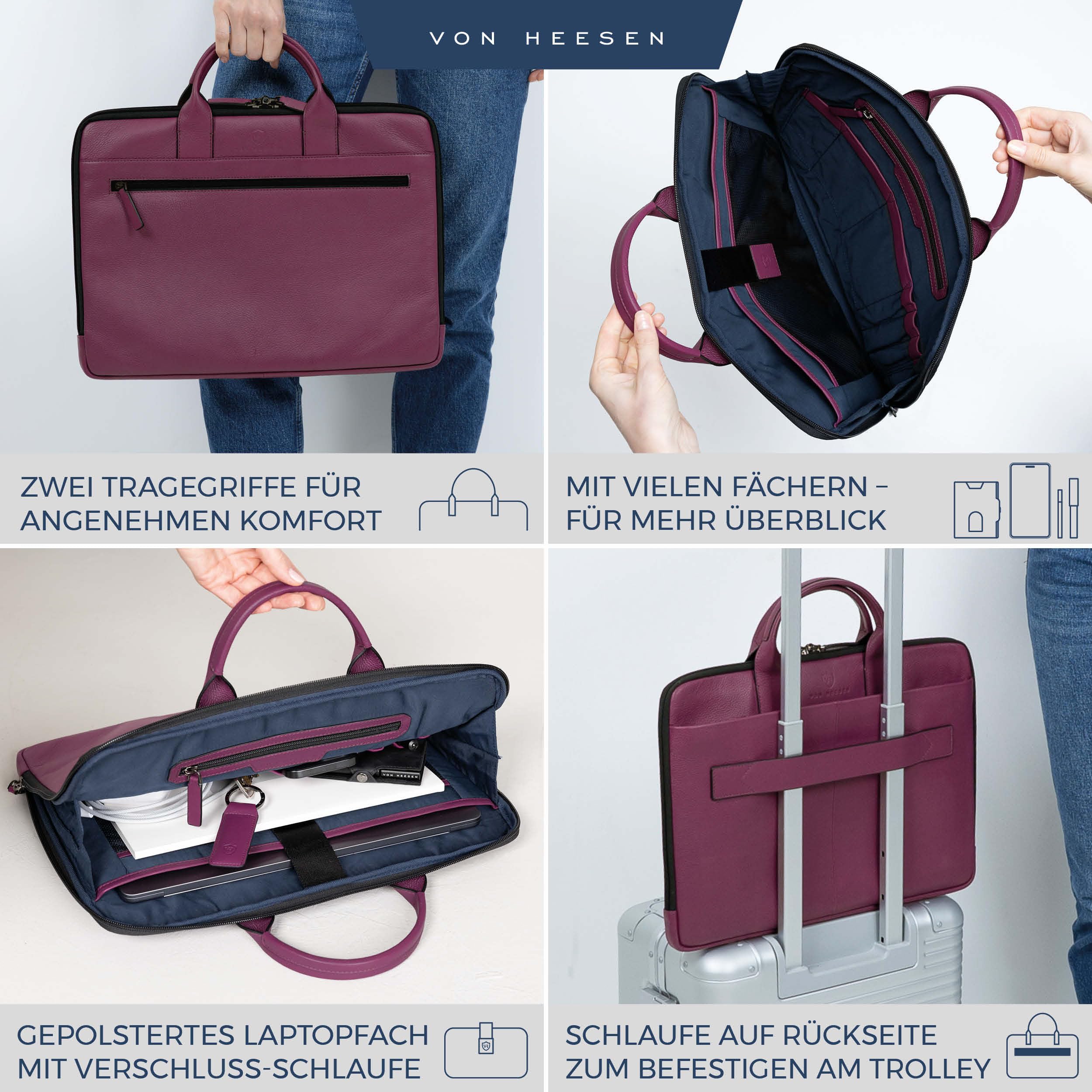 VON HEESEN Leder Aktentasche Laptoptasche bis 16 Zoll aus hochwertigem Nappa-Leder