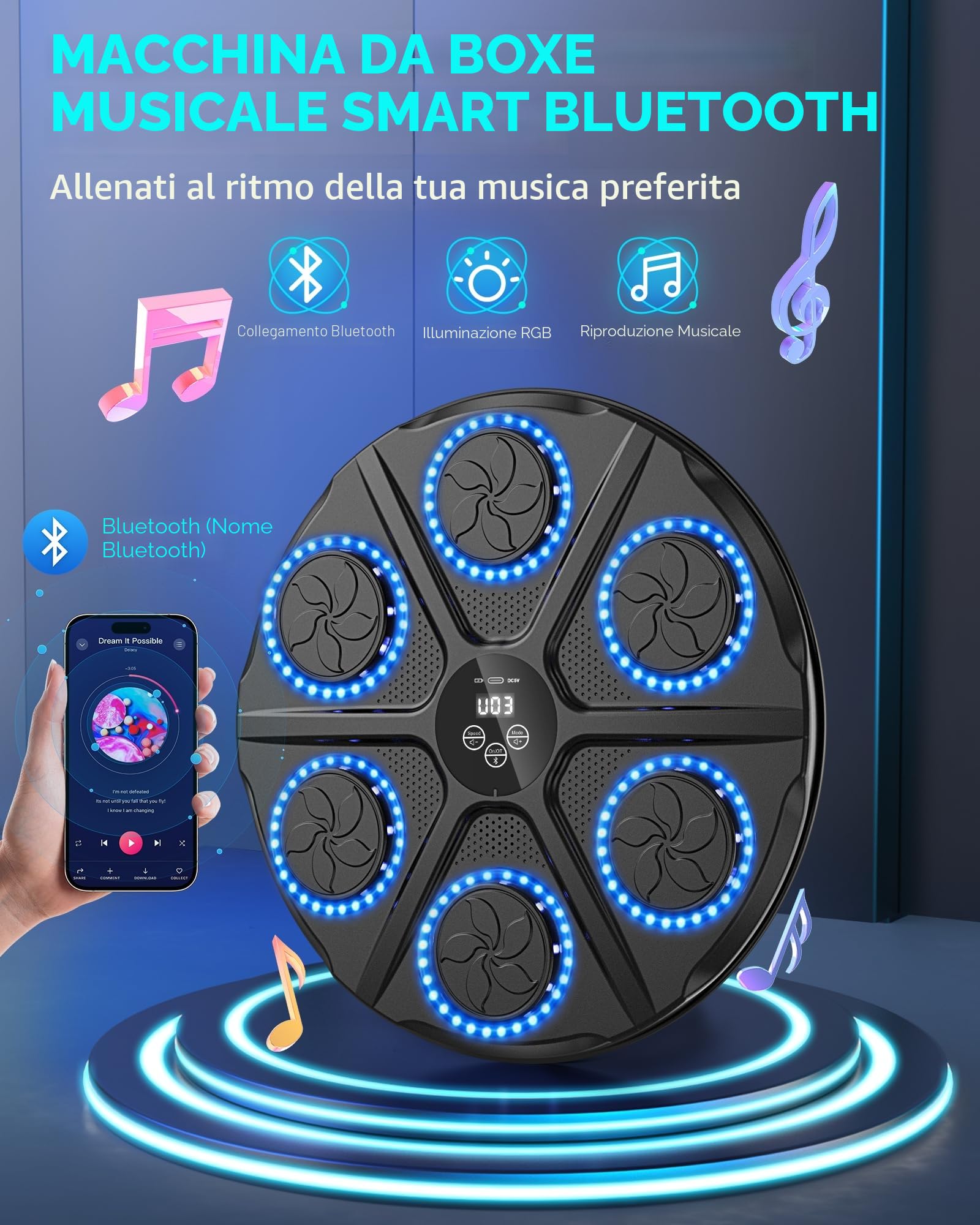 Music Boxing Machine, LED Electronic Bluetooth Smart Music Box Machine 12 modalità e 12 velocità, Real Boxing Experience Includes Boxing Gloves Boxing Wall Mount Machine Gift for Adults And