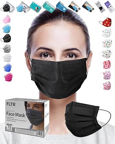50 cubrebocas desechables FLTR de 3 capas no tejidas, ligeras, negras, ahora 25 unidades, capa de filtro grueso transpirable hecha de tela fundida,