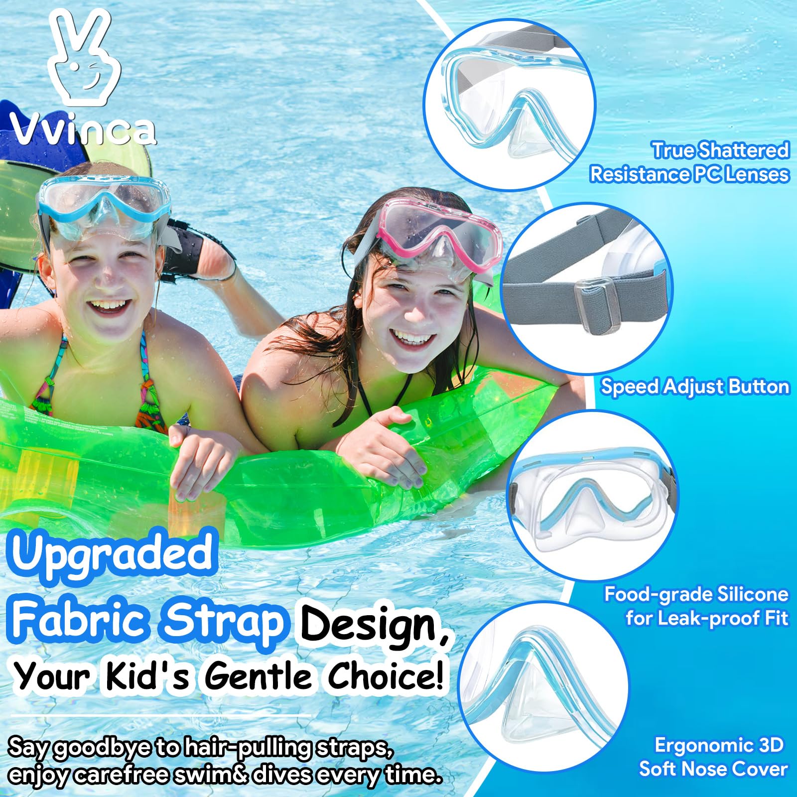 Vvinca Kids-Goggles with Nose Cover, Diving Mask Elastic Fabric Strap Anti Fog Anti Shattered Lens for Kids Swim Goggles 3-14
