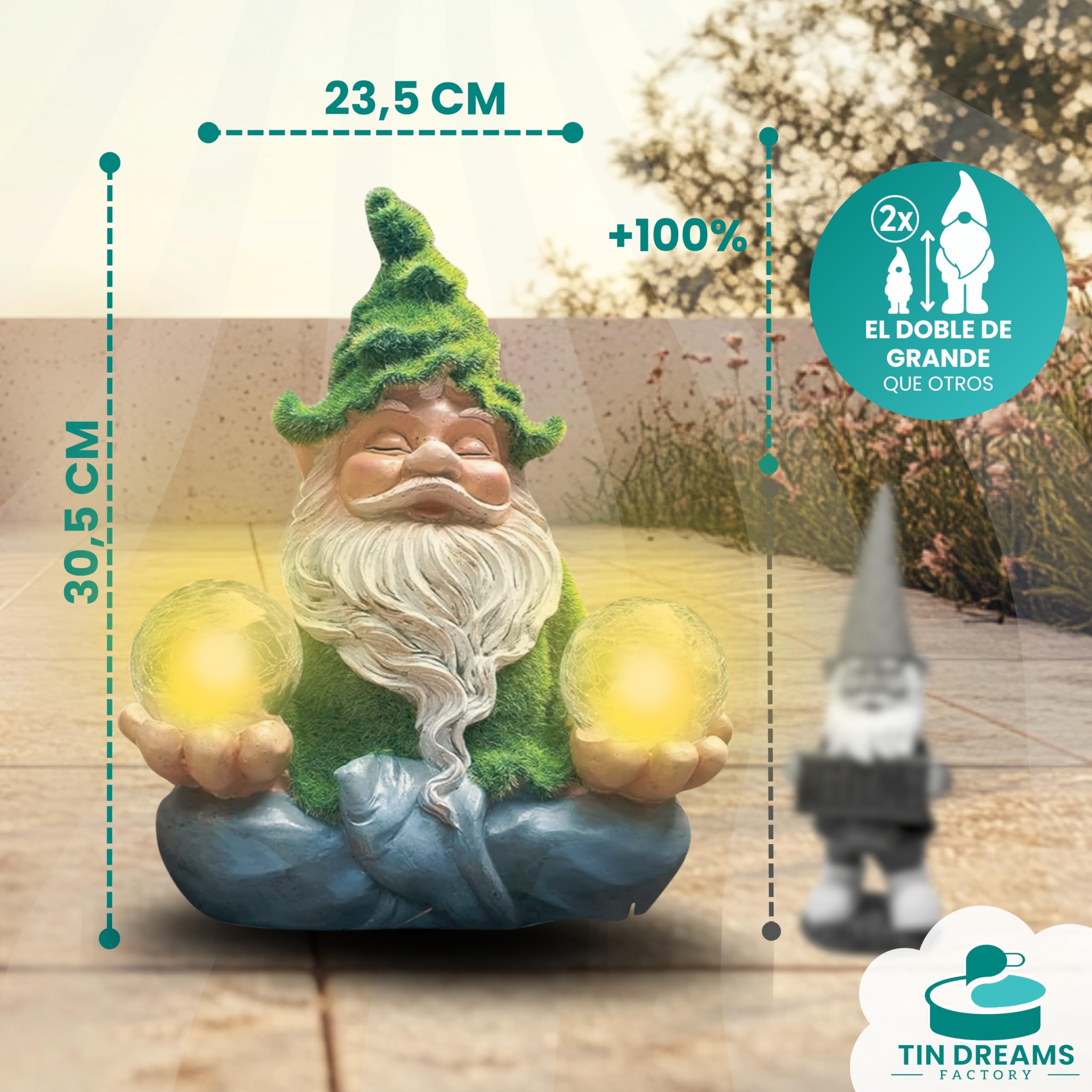 Gnomo Zen con Luz Solar – Figura Decorativa de Jardín en Resina – Enanito Exterior con Burbuja Luminosa LED – Adorno Relajante para Jardín, Patio y Terraza