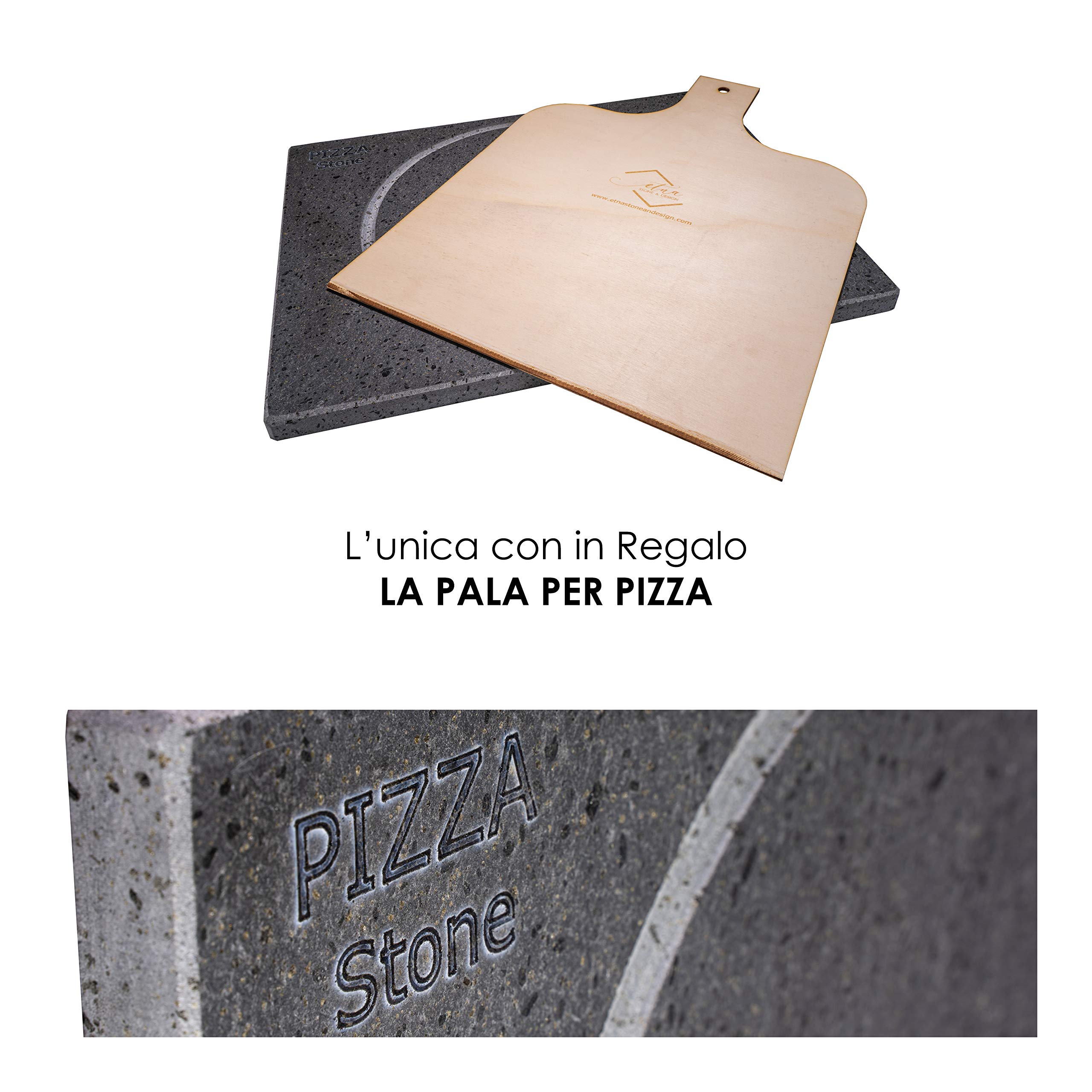 PIETRA PER PIZZA PIZZA STONE dim. 40X30X2cm con Pala OMAGGIO. Pietra lavica del Vulcano Etna, naturale e antiaderente