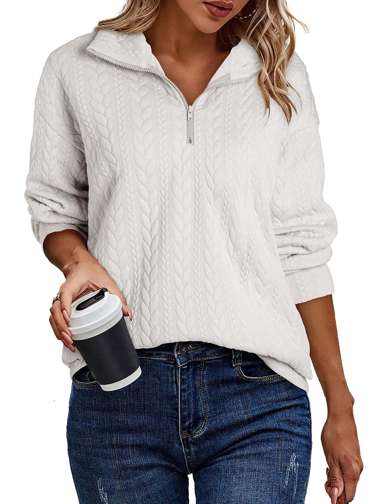 EVALESSSweatshirt for Women Casual Long Sleeve Quarter Zip Pullover Textured Tops Fall Clothes Outfits with Pockets