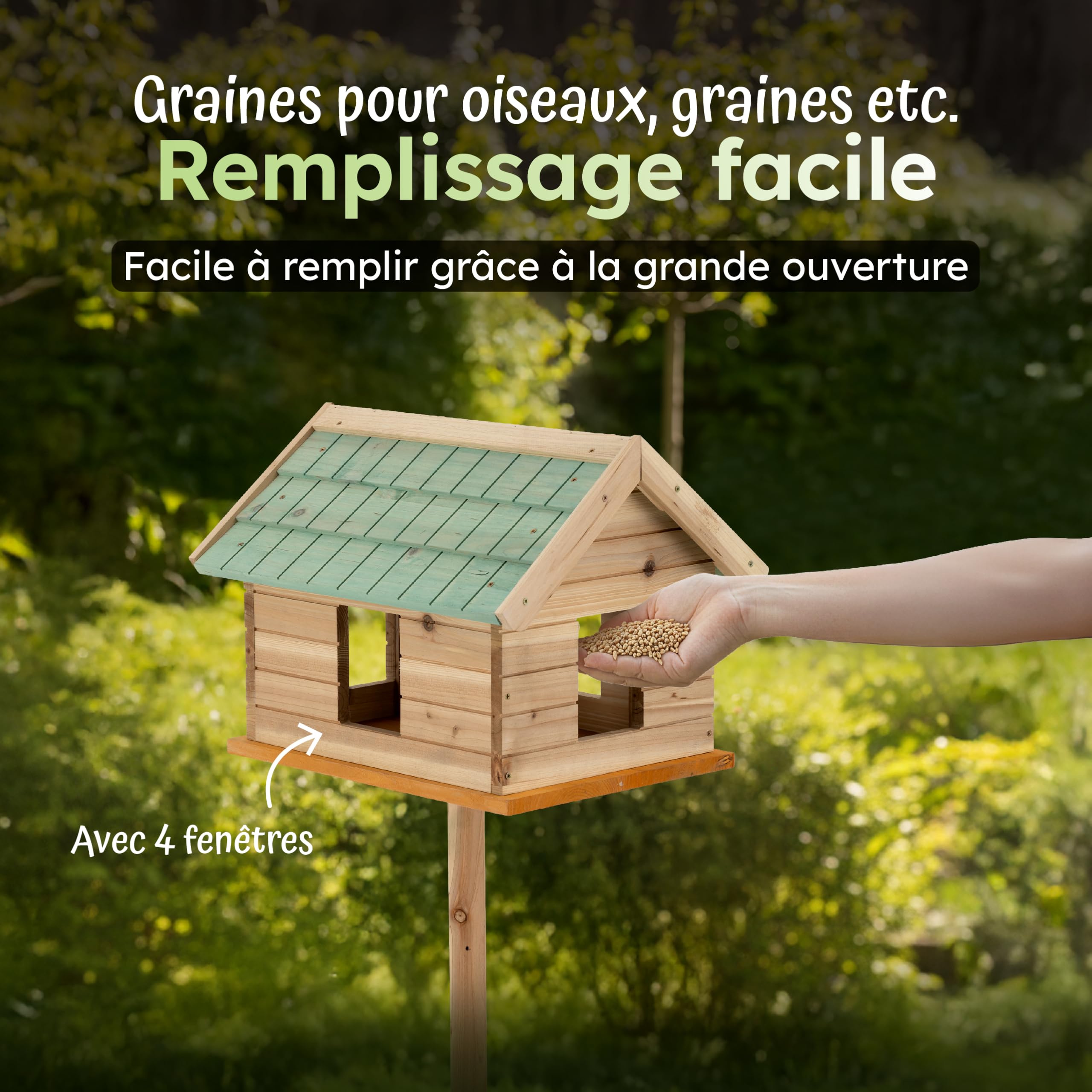 Moorland Nichoir Mangeoire Oiseaux Exterieur sur Pied 135 cm avec Fenêtres – Grande Mangeoire Cabane Oiseaux en Bois pour Jardin Balcon Terrasse – Toit Résistant aux Intempéries Toute l'Année – VH2