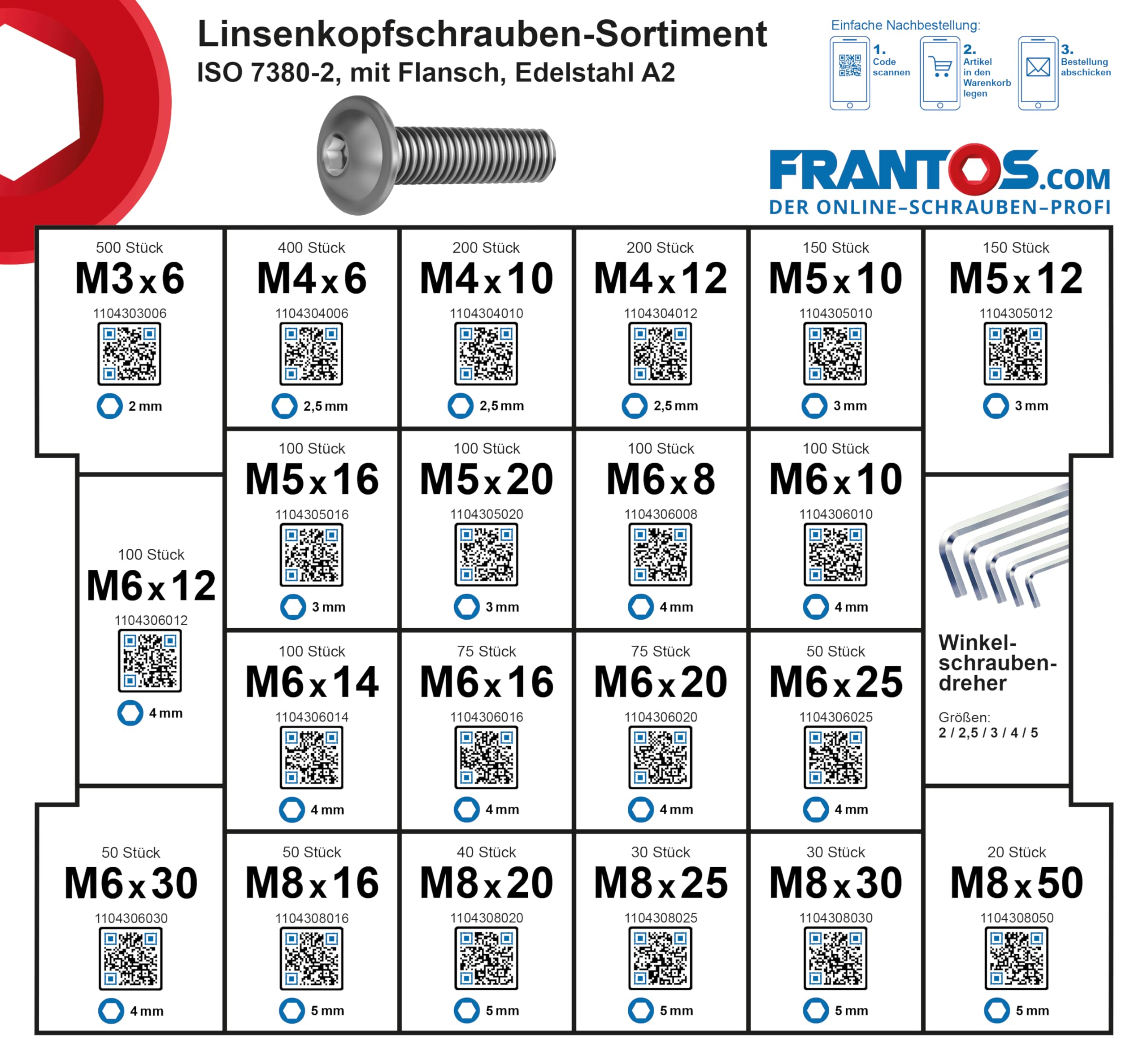 FRANTOS XXL Linsenkopfschrauben Set mit Muttern 3870-tlg (Edelstahl A2) in L-BOXX & L-BOXX Mini, Schrauben mit Flansch ISO 7380-2, Unterlegscheiben DIN 9021, Sicherungsmuttern DIN 985 INKL. Meterstab