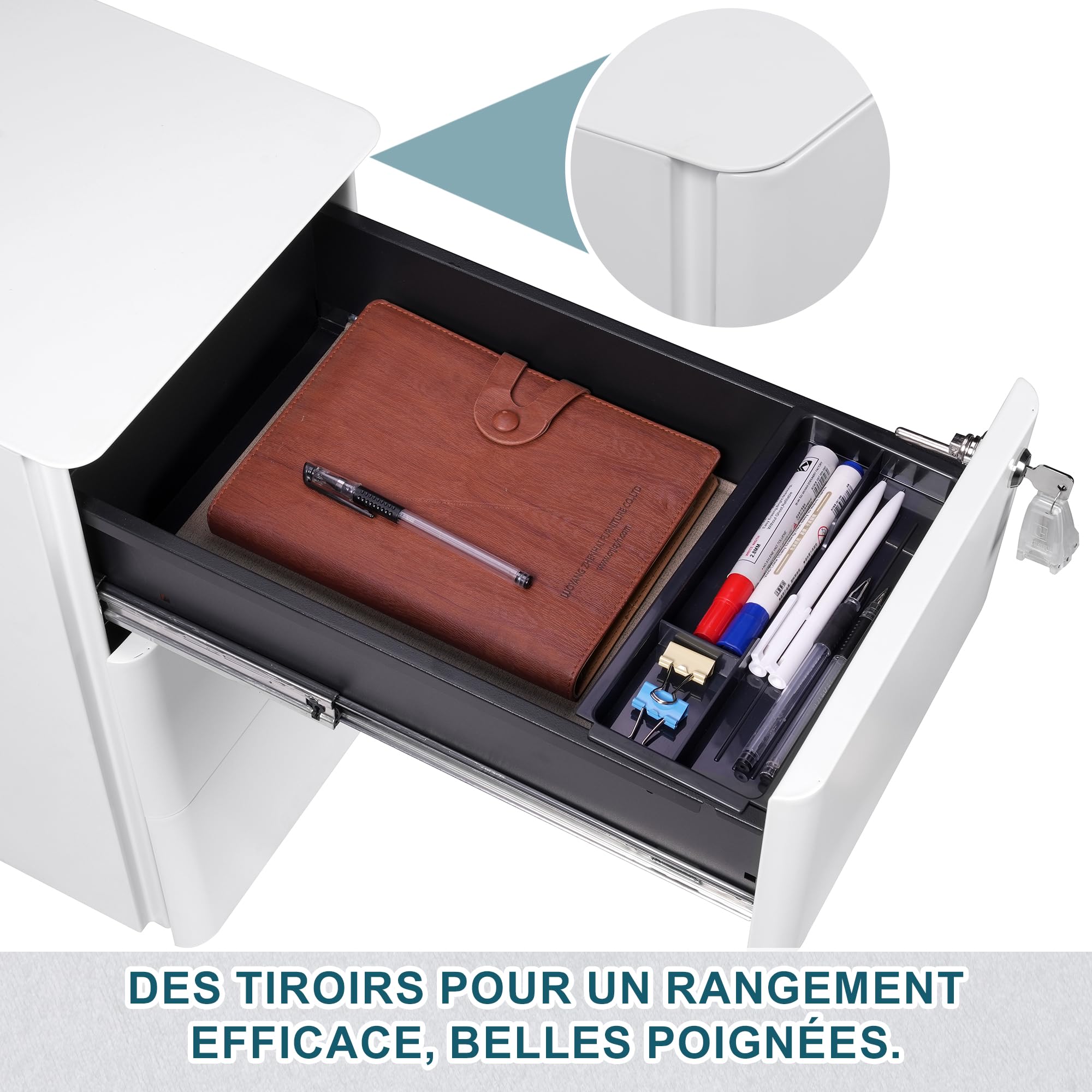 Caisson de Bureau Mobile, Verrouillable, 4 Clés, Meuble Tiroir Bureau, Caisson Tiroir, Rangement pour Documents et Papeterie, Blanc
