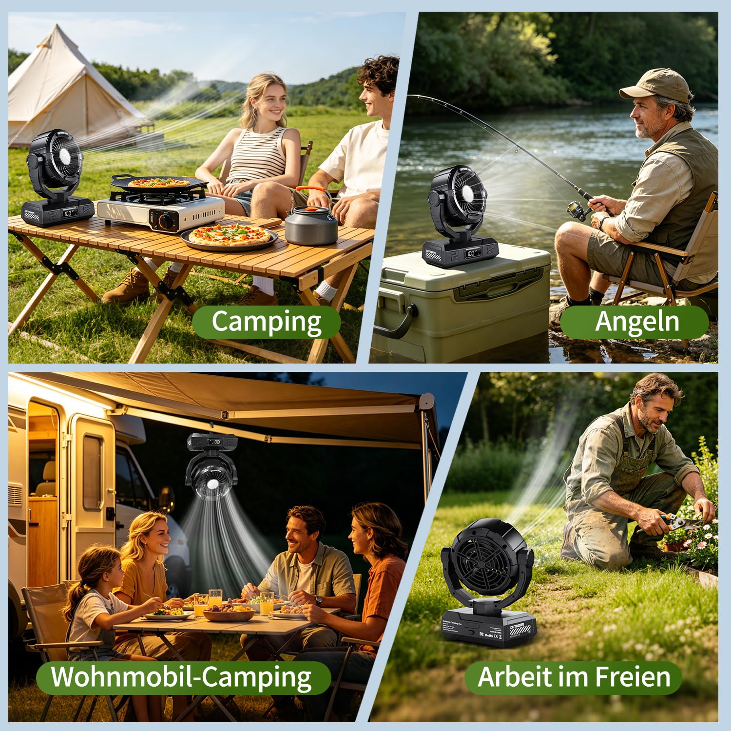 Ventilatore portatile da campeggio, 10000 mAh, alimentato a batteria, ultra sottile, con lanterna a LED, telecomando, gancio per tenda, fino a 26 ore di autonomia, rotazione di 120°, ventilatore da