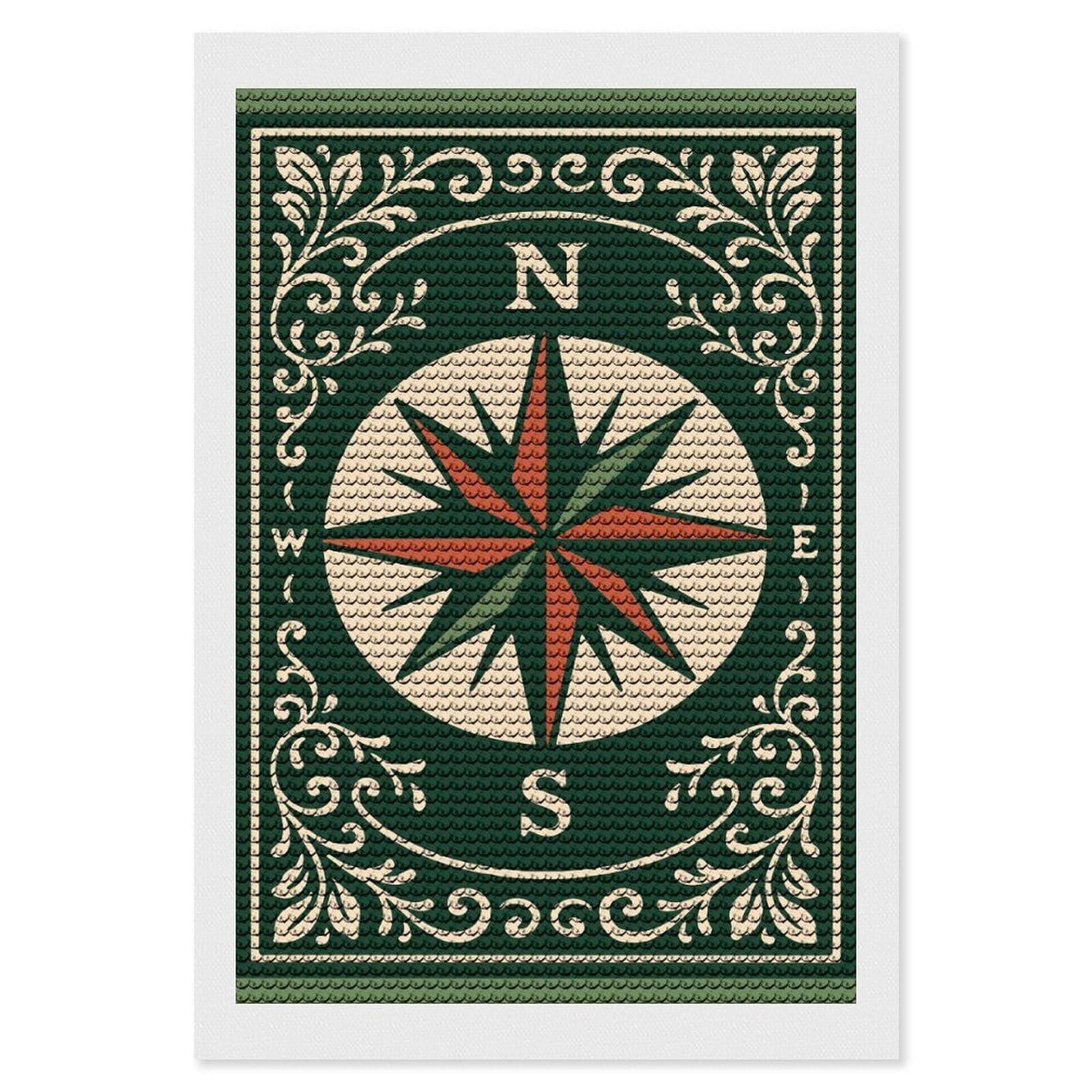 Junmoney Vintage Compass Rose Illustration DIY Diamond Art Canvas Kit 8"x12", Simple to Start, Fun Craft Experience, Modern Decor, Gift Idea, Adhesive Canvas