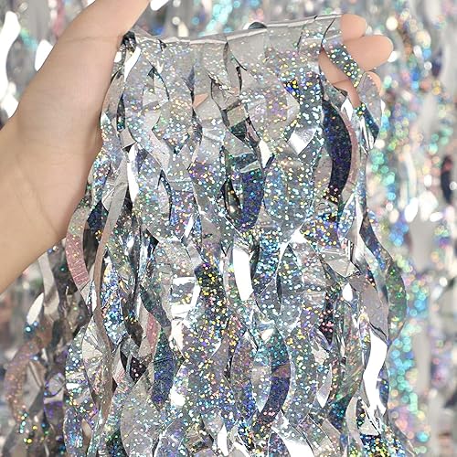 Paquete de 4 fondos de oropel plateado - CYLMFC 3.3 pies x 6.6 pies cortinas de flecos de papel de aluminio metálico de oropel serpentinas para