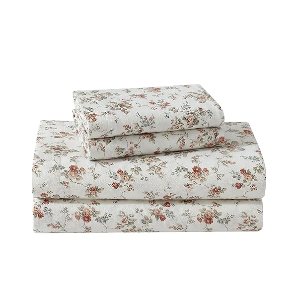 Laura Ashley - Flannel Sheets King Size, Anti-Pilling & Wrinkle Resistant Cotton, Touchably Soft for All-Season Comfort - Bed Sheets with Matching Pillowcases & Fitted Sheet (Victoria Beige)