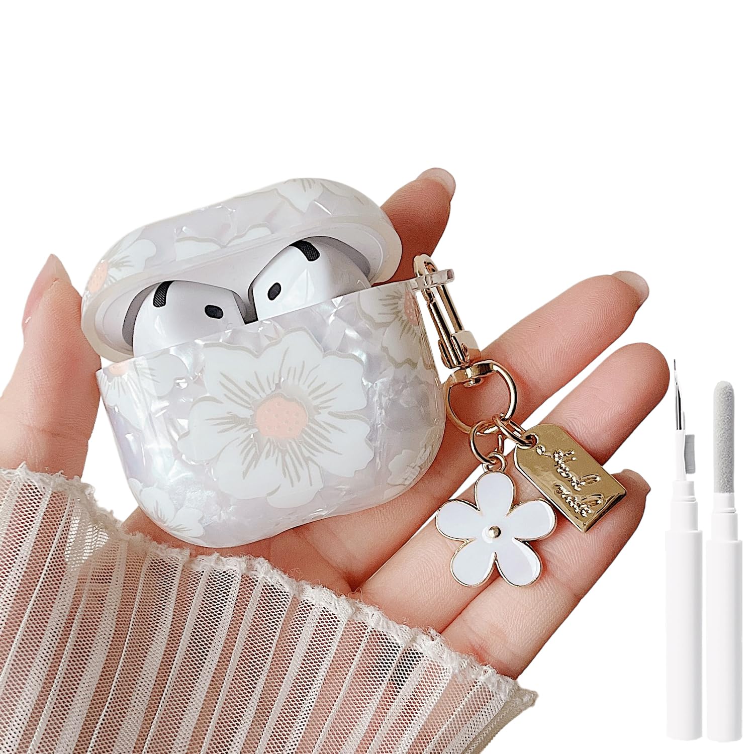 MINSCOSE for Glitter AirPods 4 Clear Case,Cute Cartoon Shell Pattern Aesthetics Design with Girly Floral Keychain,Soft TPU Protective Cover with Cleaner Kit for Girls Women for AirPods 4-White