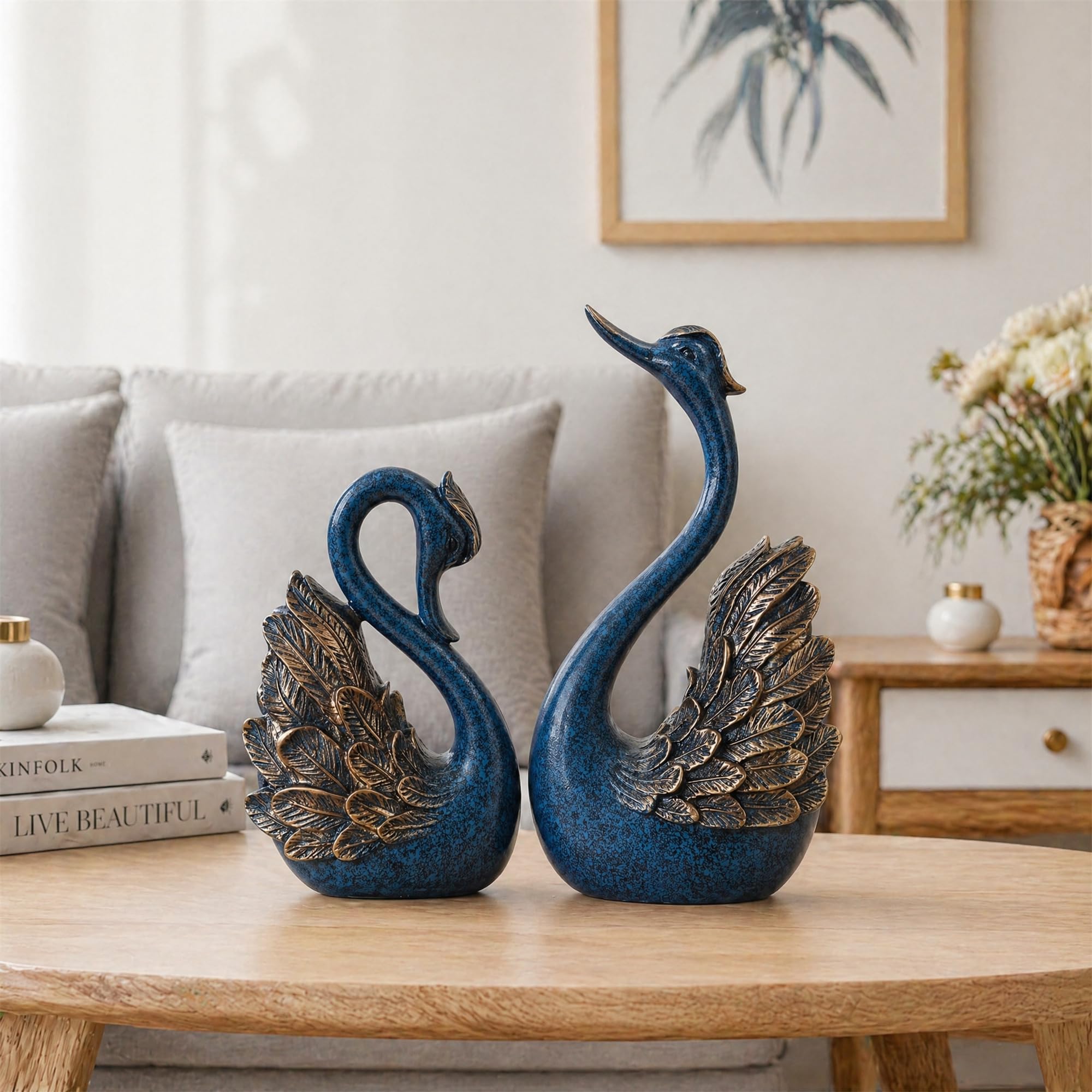 2 statue di cigni per la casa di coppia, decorazioni per la casa per soggiorno e accessori, sculture per la casa per tavolino da caffè, accenti decorativi per scaffali per libri (blu)