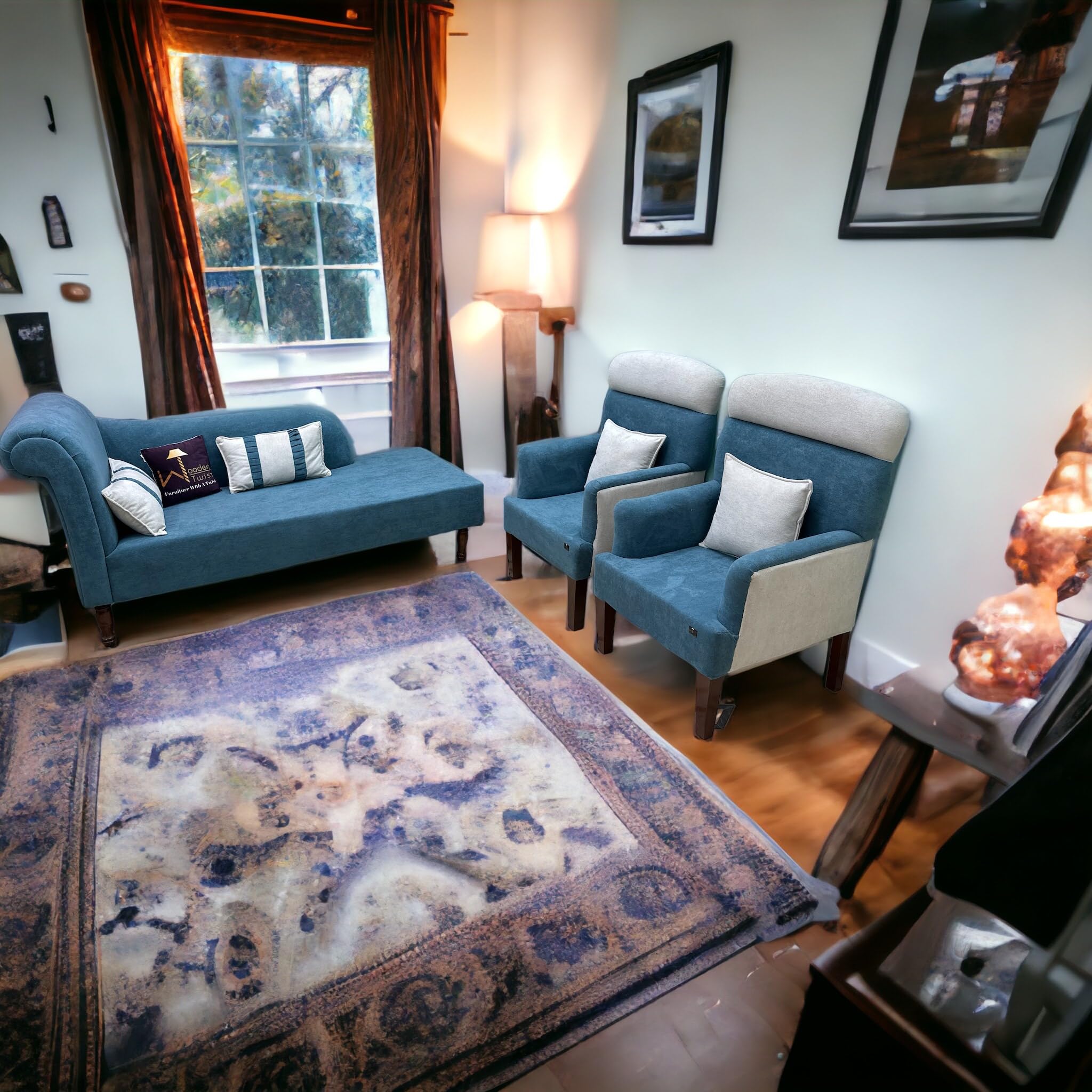 Wooden Twist Swanky Home Decor Teak Wood Boucle Fabric Sofa Set 3+1+1 with 4 Cushions Elegant Living Room