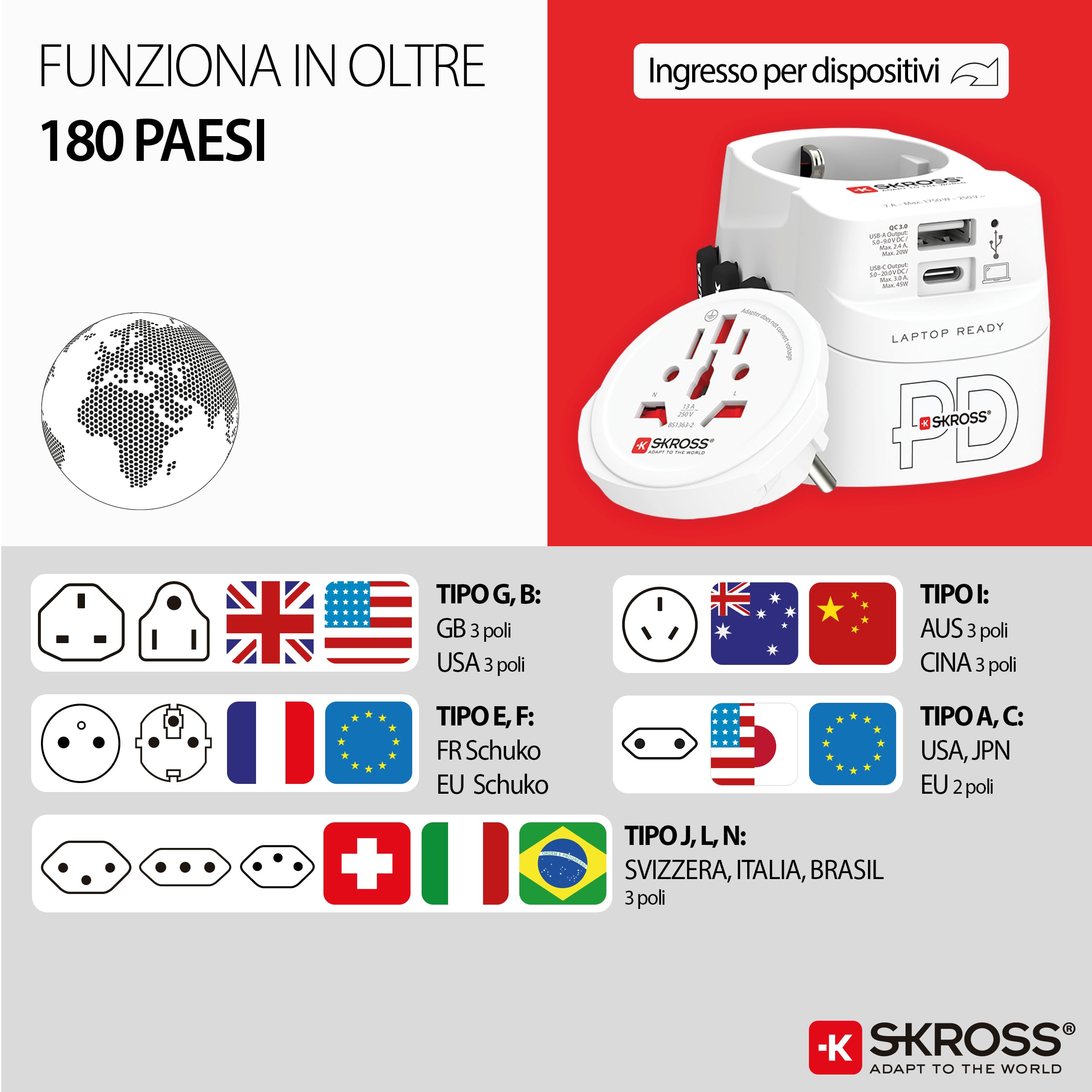 SKROSS - PRO Light USB AC45PD - Adattatore Universale da Viaggio da e per il Mondo con 2 Prese USB - Fast Charge da 45W - Tensione e Potenza : 100 V AC – 700 W / 250 V – 1750 W
