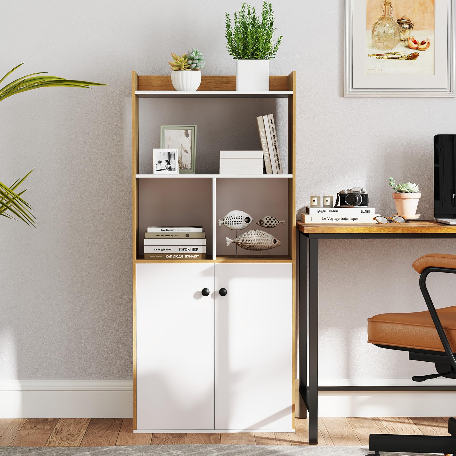 COSTWAY Estantería para Libros, Librería con Gabinete de 2 Puertas, Estantería Alto de 3 Niveles, Almacén Cocina para Sala de Estar, Dormitorio, Estudio, Cocina, 60 x 30 x 133 cm (Blanco y Natural)