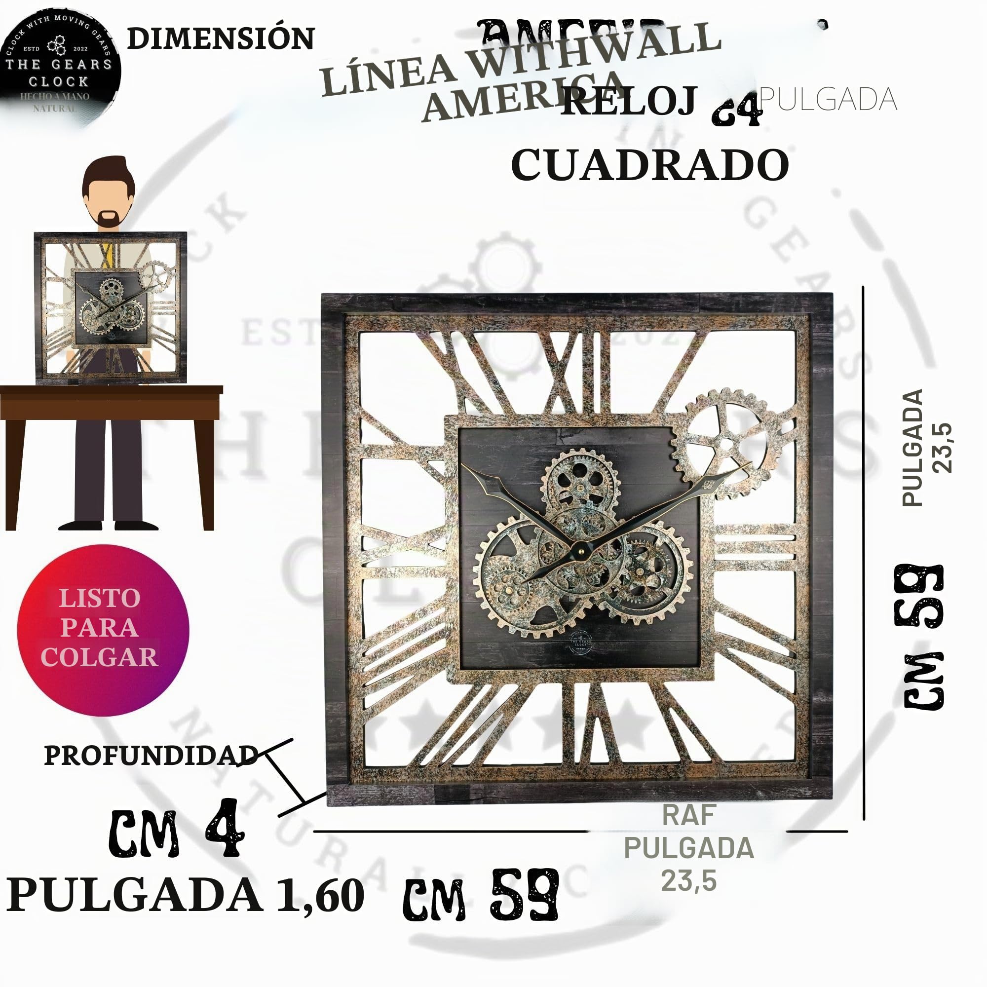 ImprovingLife The Gears Clock - Reloj de pared cuadrado de 61 cm con engranajes reales en movimiento, diseño vintage industrial extragrande, estilo rústico de granja (marrón vintage)