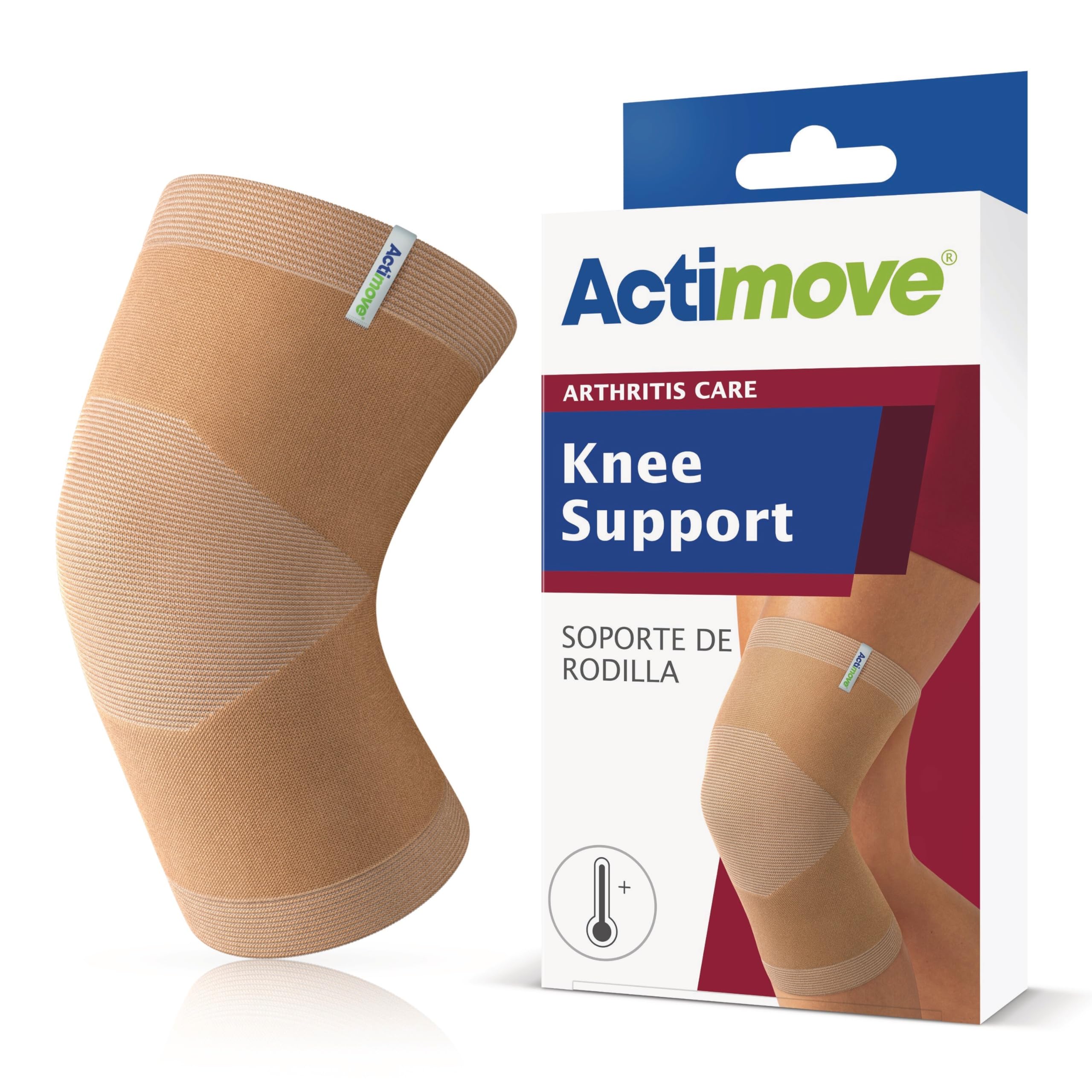 actimove arthritis care knee support with heat-retaining fabric – drug-free pain management for arthritis, increases blood circulation – left/right wear – beige, large